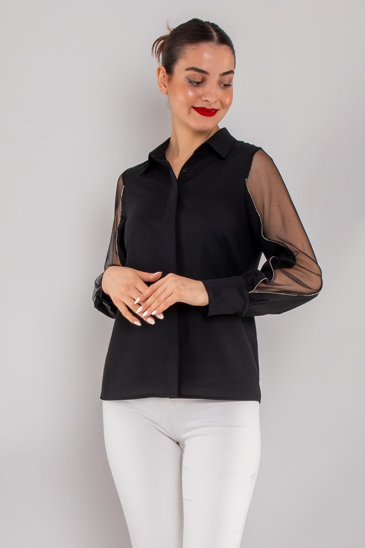 81839 Organze Tül Kol Krep Zincir Detay Gömlek