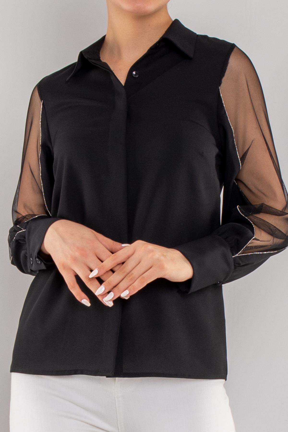 81839 Organze Tül Kol Krep Zincir Detay Gömlek