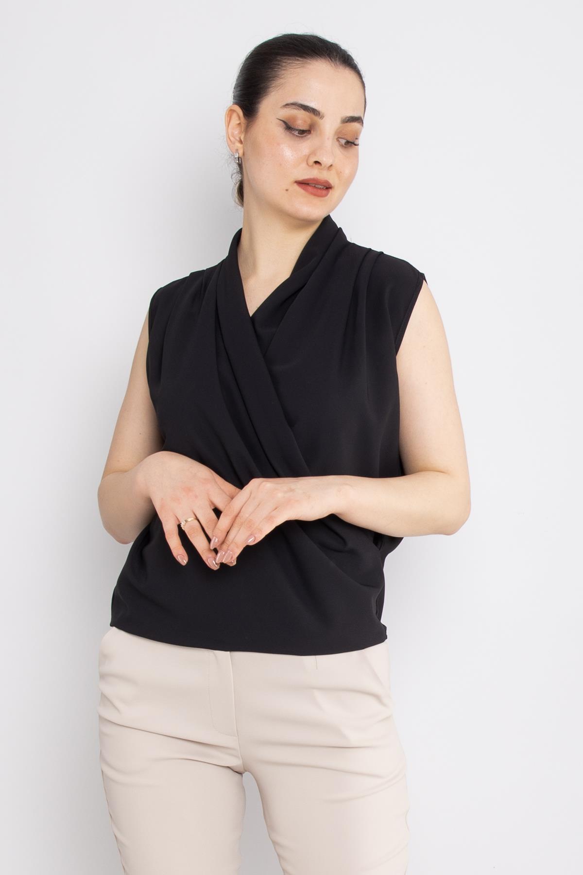 81856 Kruvaze Yaka Dökümlü Kolsuz Şifon Bluz