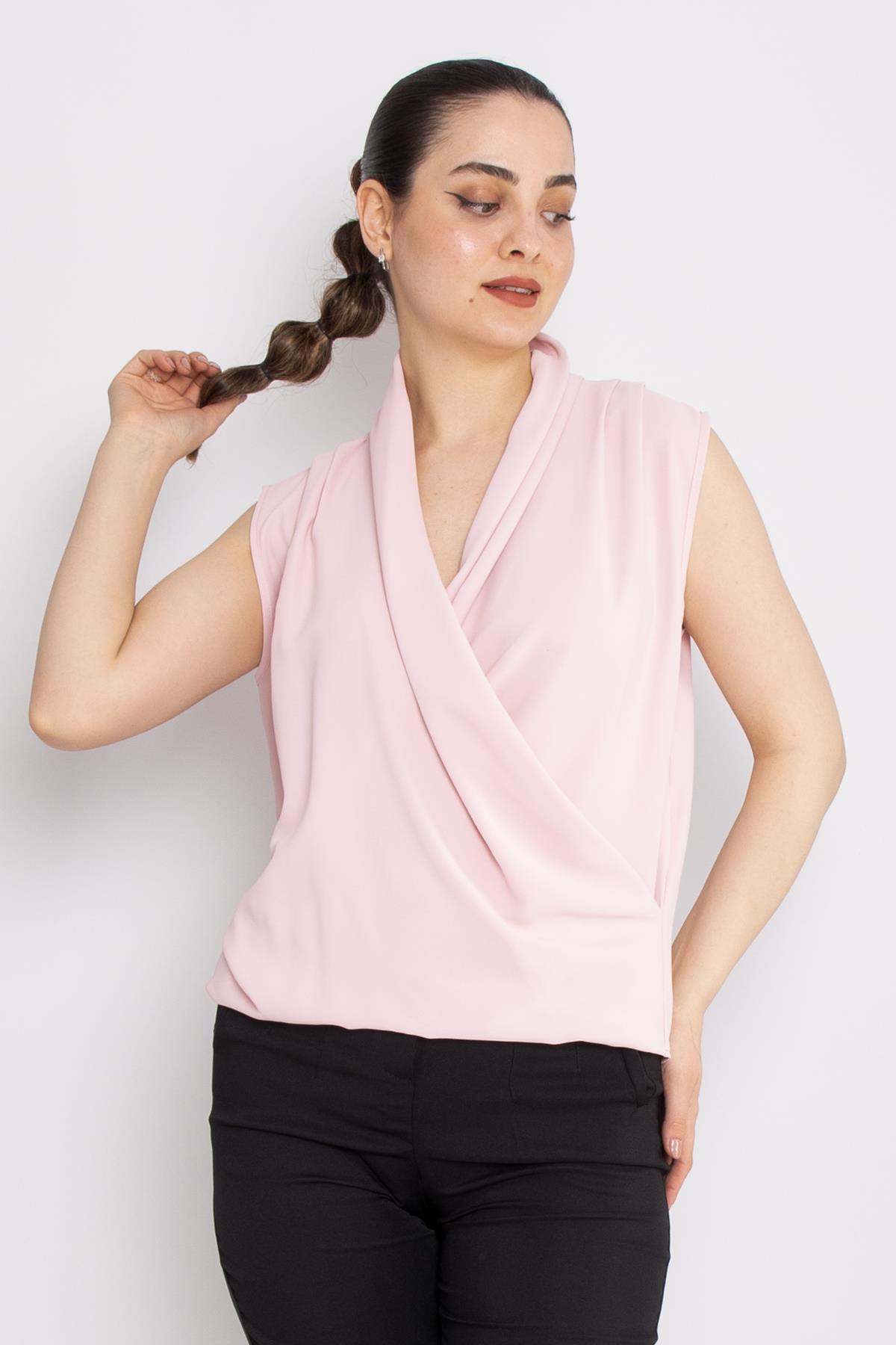 81856 Kruvaze Yaka Dökümlü Kolsuz Şifon Bluz