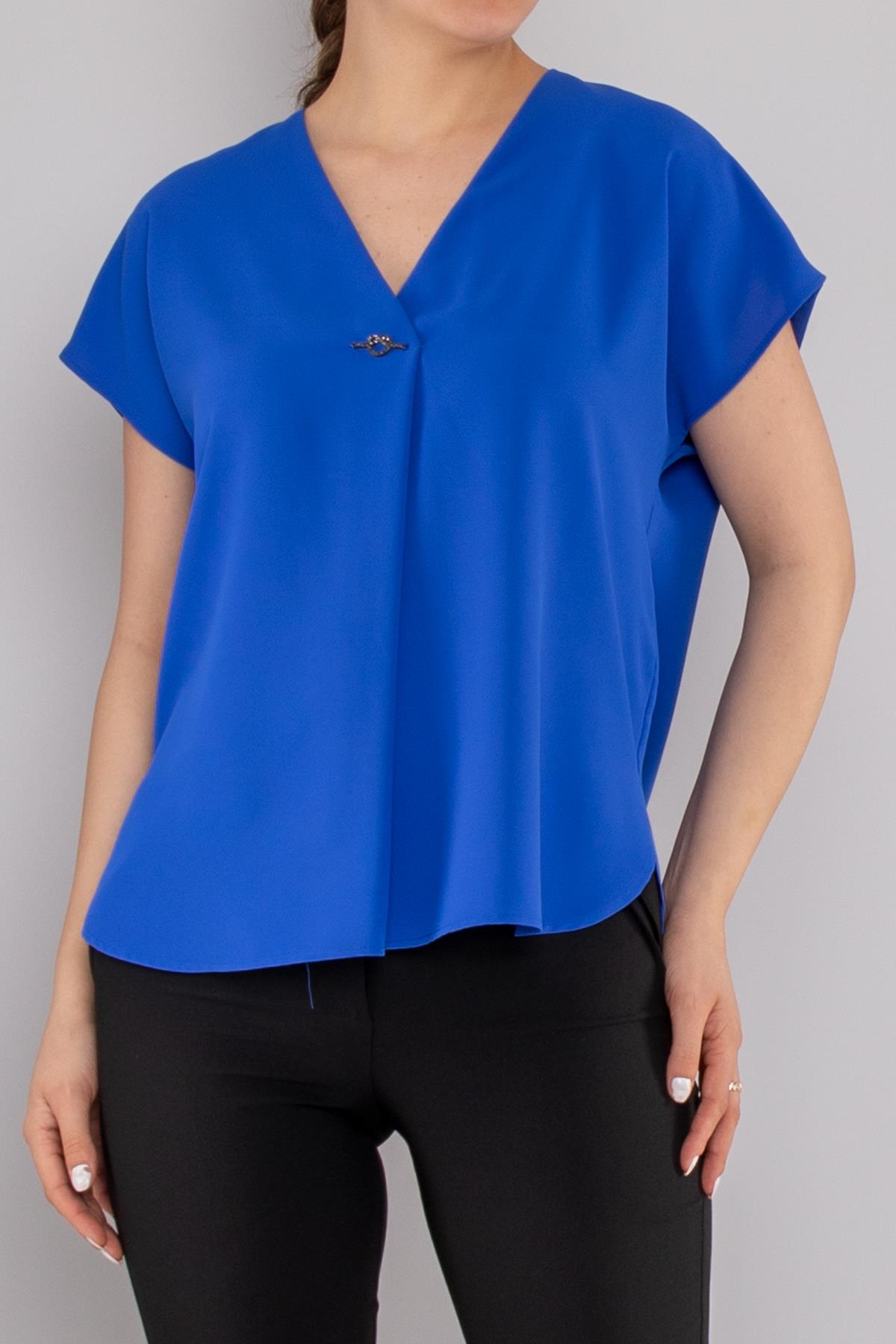 81908 Vyaka Broşlu Kısa Kol Krep Şifon Bluz