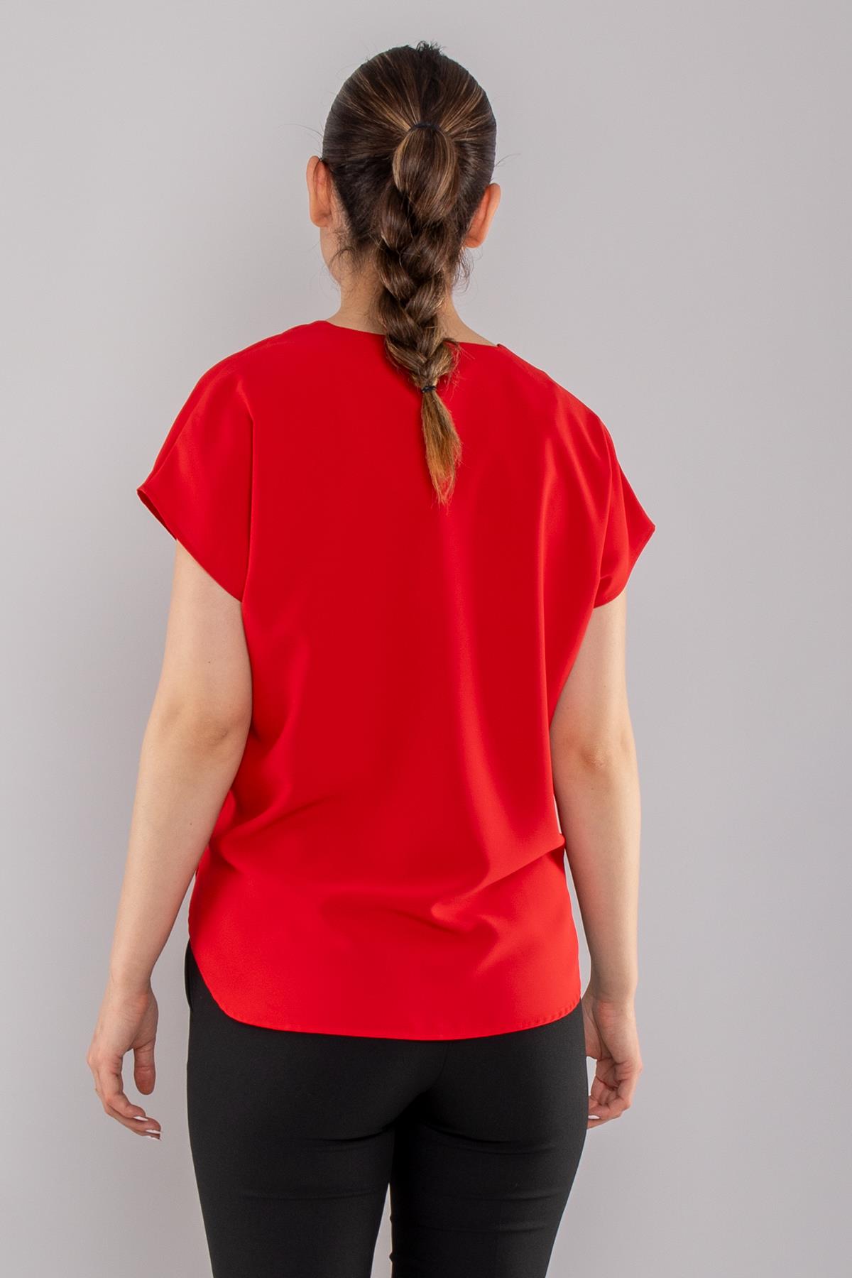 81908 Vyaka Broşlu Kısa Kol Krep Şifon Bluz
