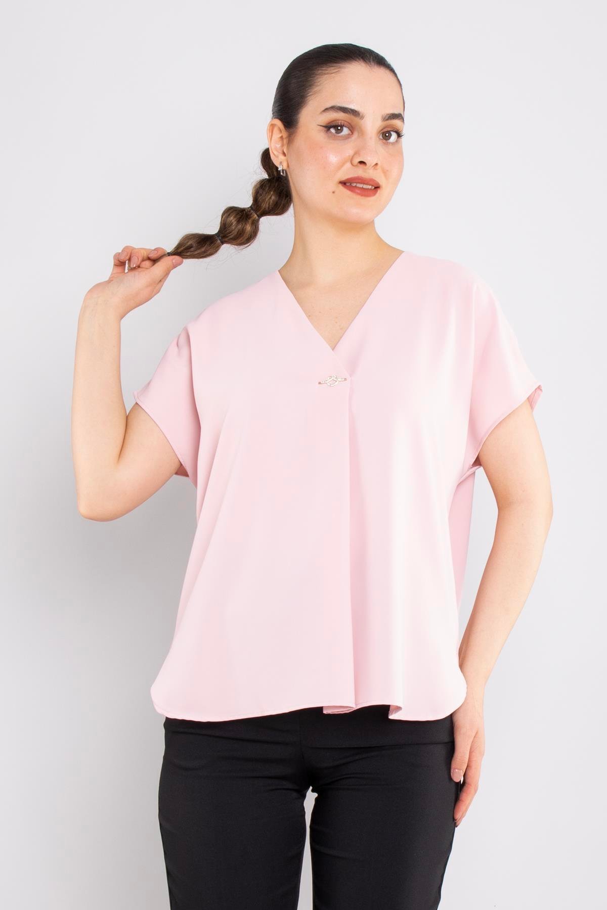 81908 Vyaka Broşlu Kısa Kol Krep Şifon Bluz