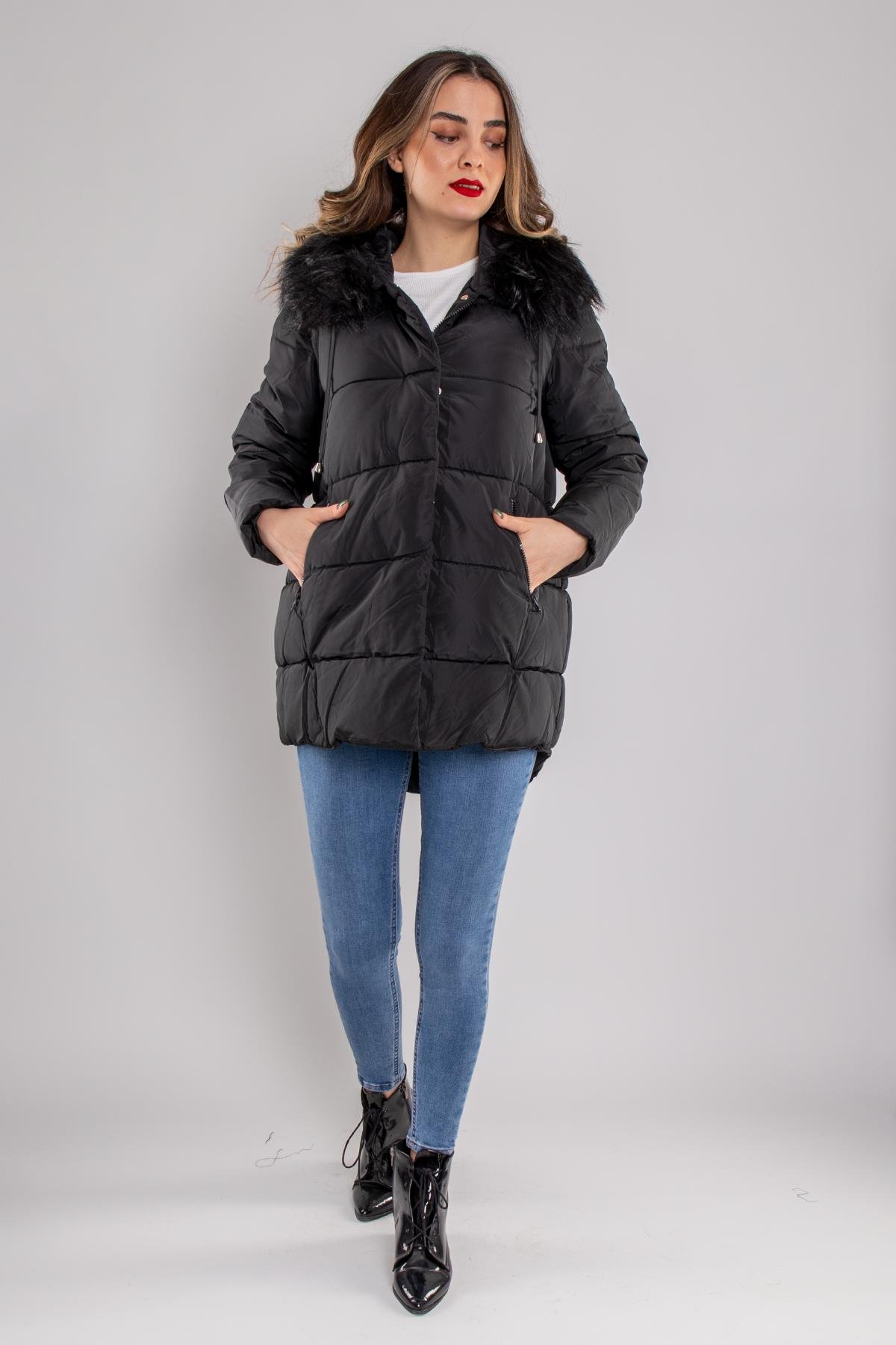 8208 Kapüşonu Kürklü Çıtçıtlı Şişme Mont