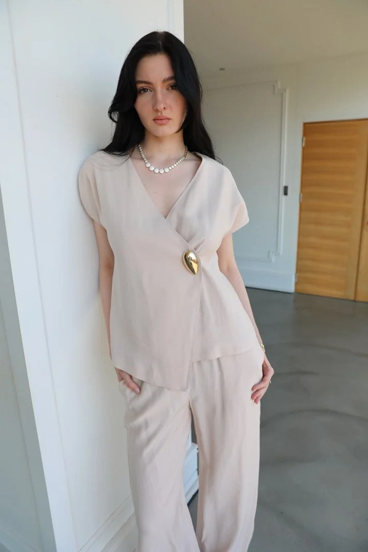 82294-71429 Kruvaze Yaka Tokalı Bluz Modal Bol Paça Pantolon Takım
