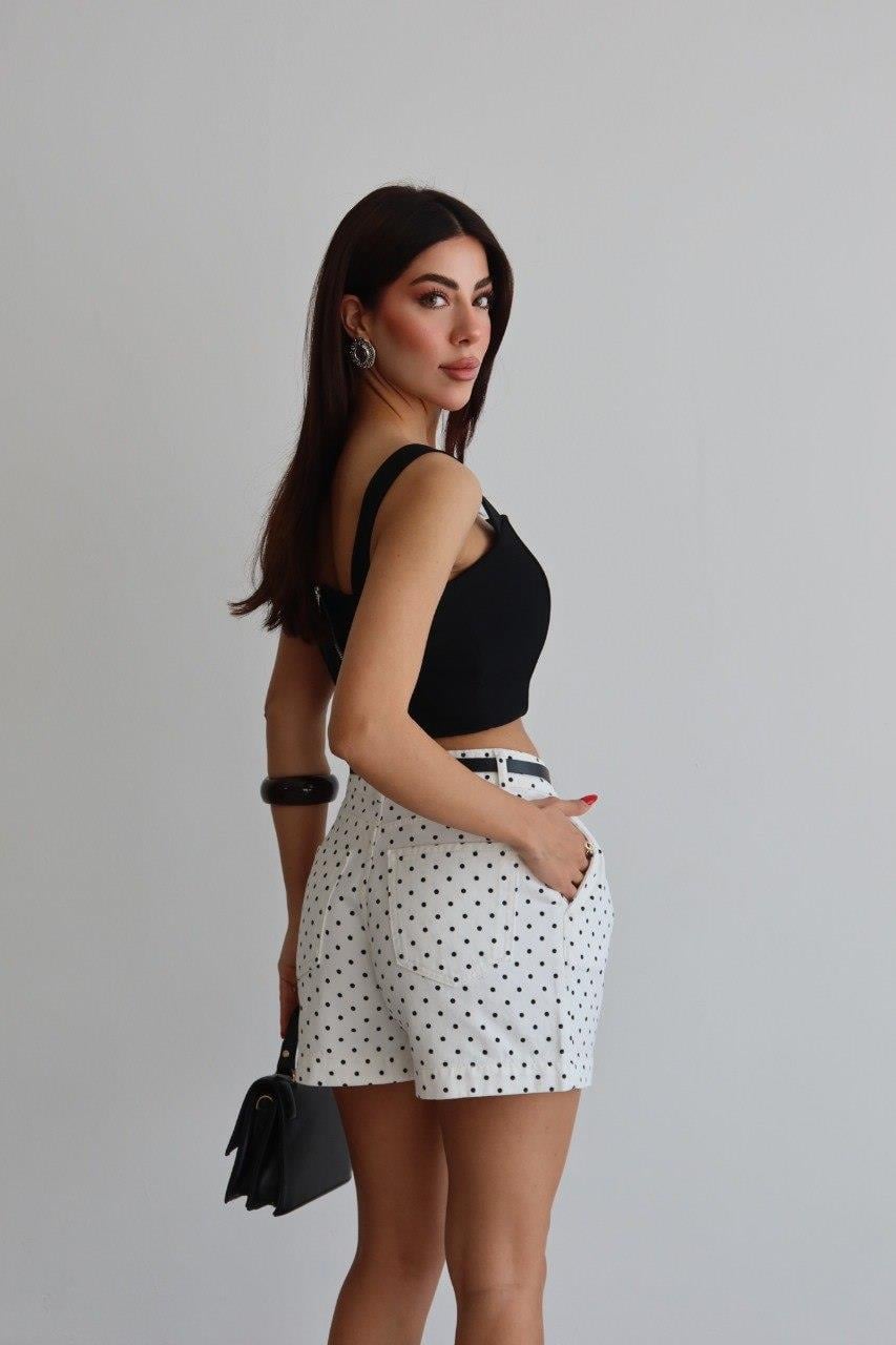 8303 Puantiyeli Kemerli Pamuklu Mini Şort