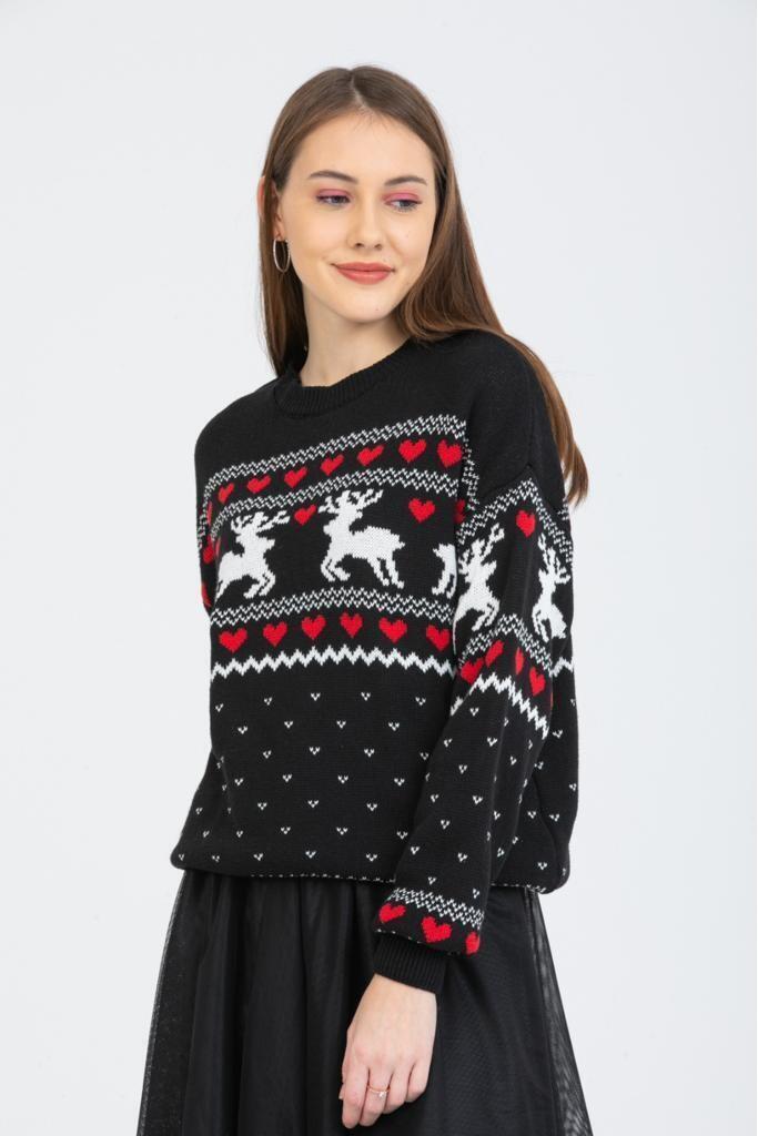 8591 Geyikli Bisiklet Yaka Örme Kazak