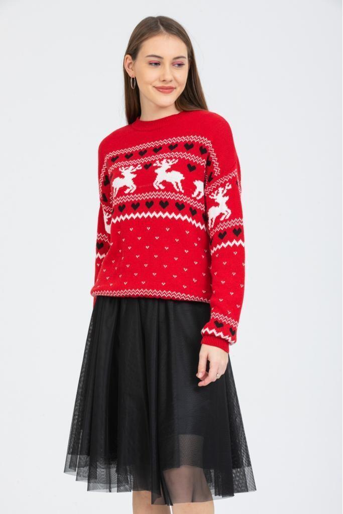 8591 Geyikli Bisiklet Yaka Örme Kazak