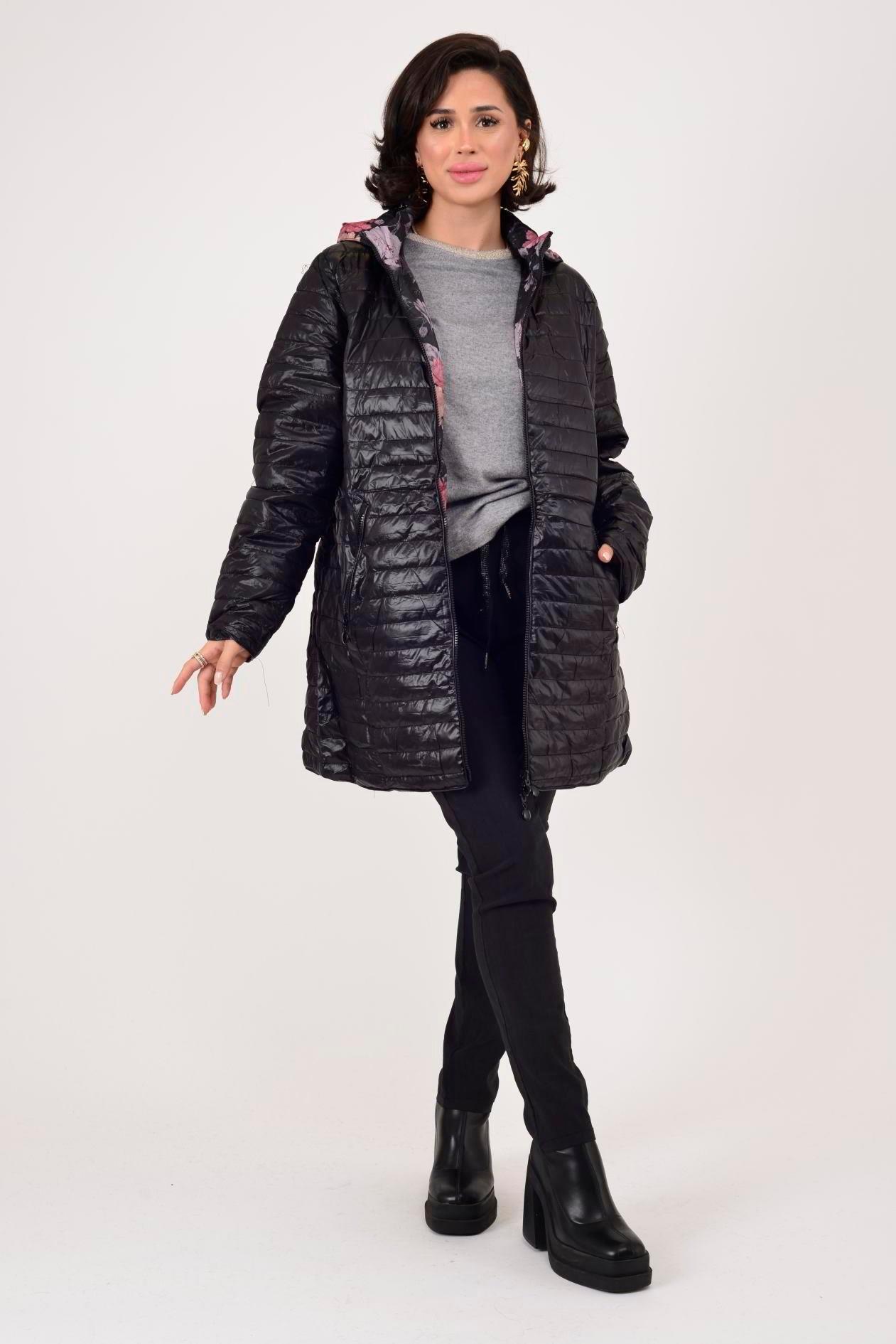 8951 Büyük Beden İçi Çiçek Desenli Çift Taraflı Kapitone Uzun Mont