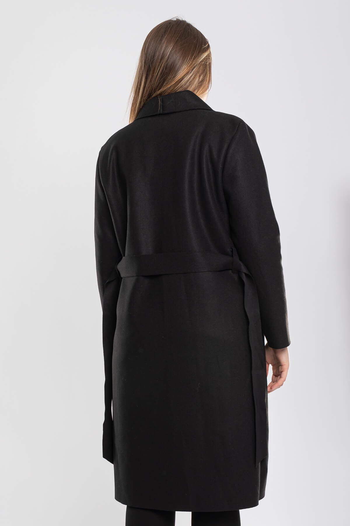 90041 Büyük Beden Şal Yaka Kuşaklı Kadın Keçe Kaban