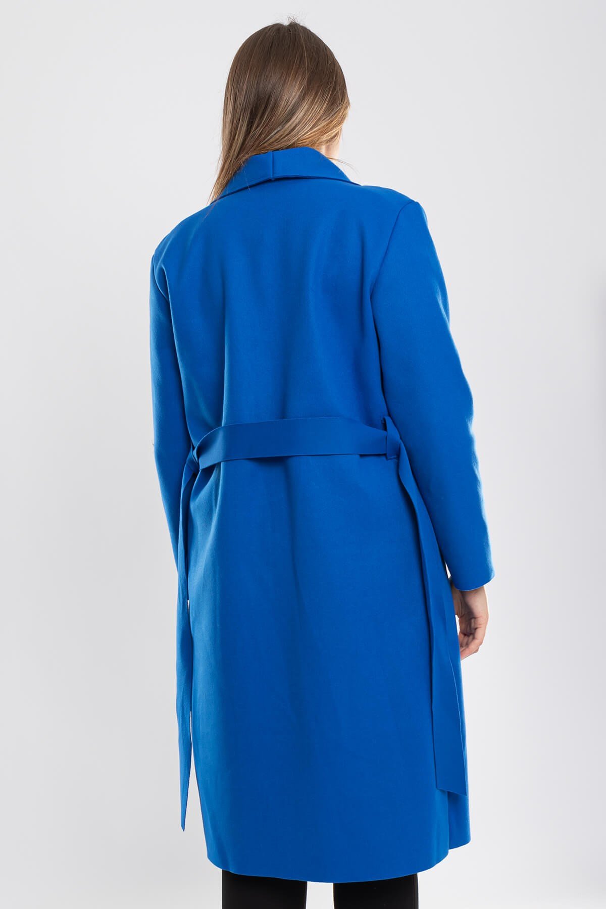 90041 Büyük Beden Şal Yaka Kuşaklı Kadın Keçe Kaban