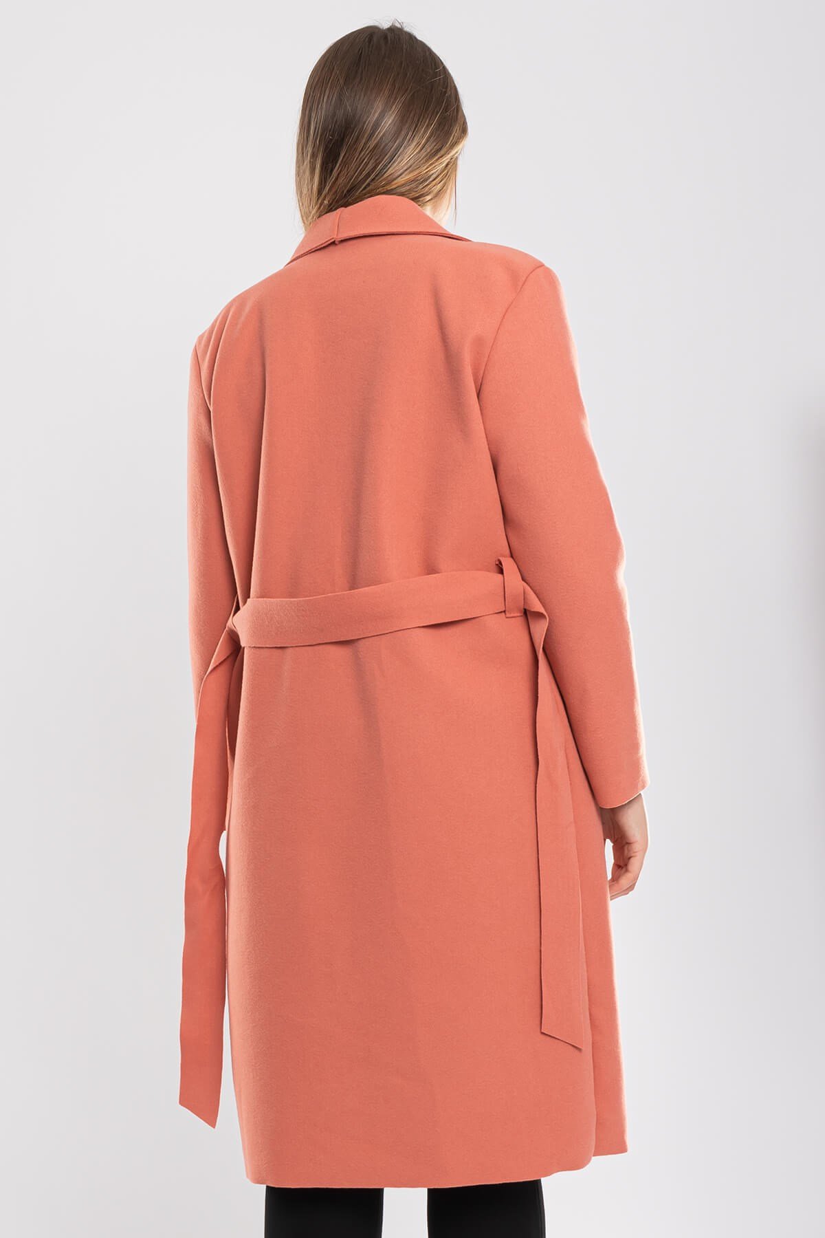 90041 Büyük Beden Şal Yaka Kuşaklı Kadın Keçe Kaban