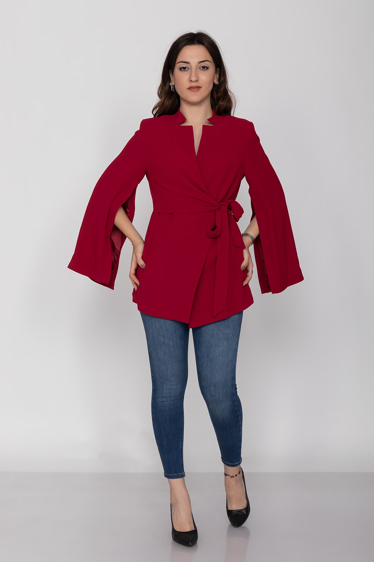 90177 Yandan Bağlamalı Hakim Yaka Yırtmaç Kol Ceket