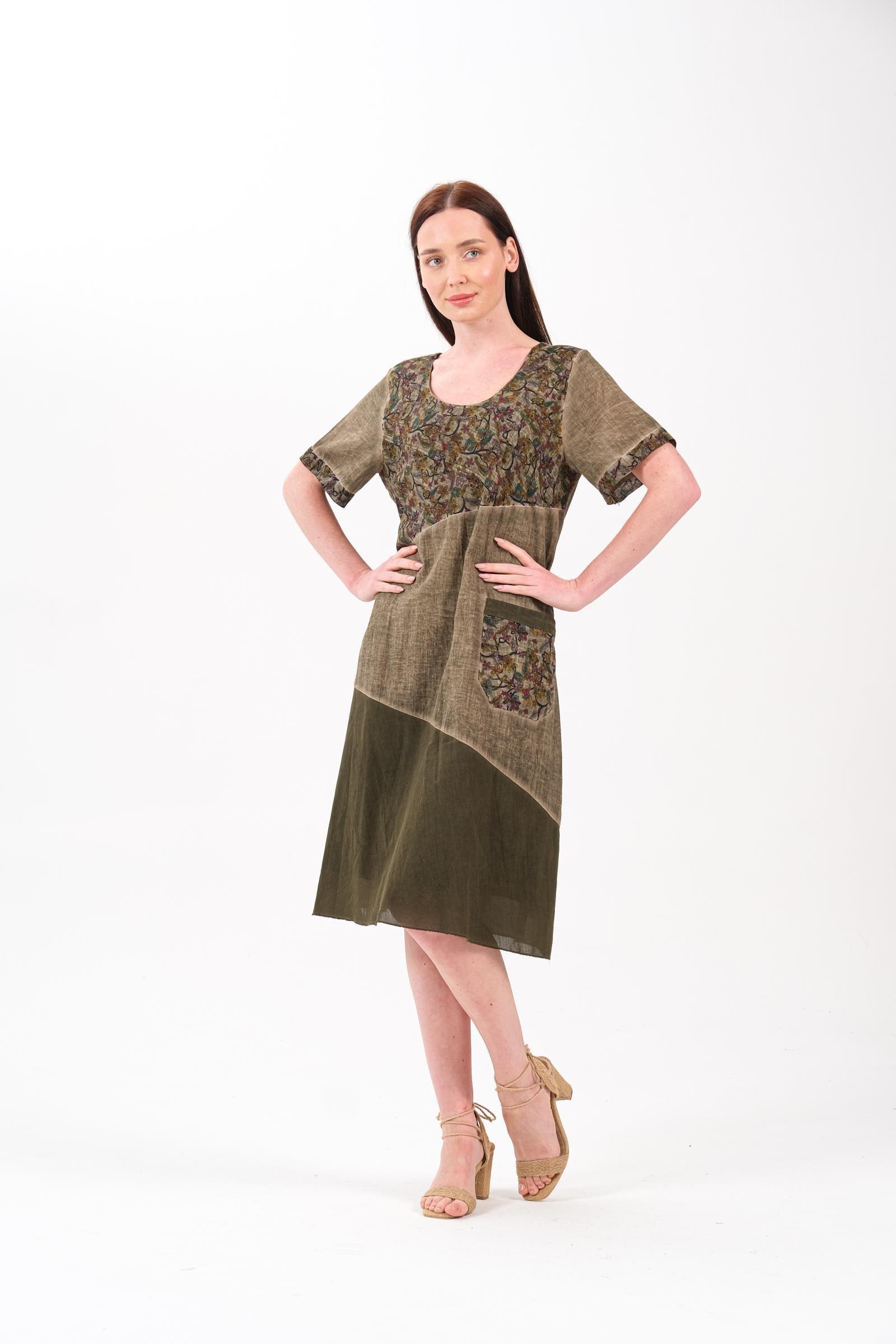 9024 Büyük Beden Cep Detay Kısa Kol Pamuk Otantik Elbise