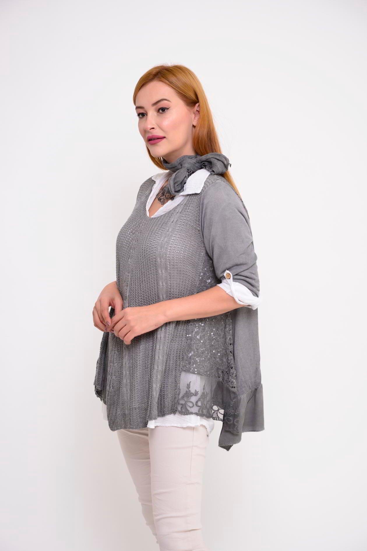 9039 Dantelli Fularlı 2'li Triko Bluz