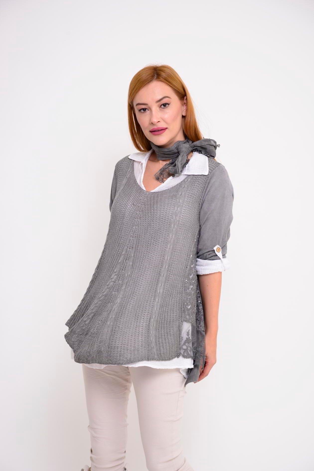 9039 Dantelli Fularlı 2'li Triko Bluz