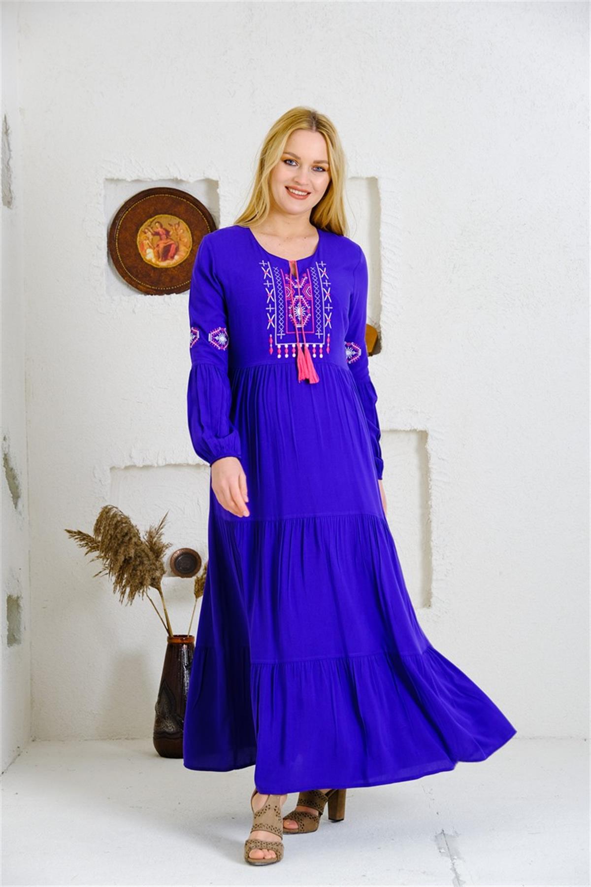 9041 Yaka Nakışlı Kollu Uzun Pamuk Otantik Elbise