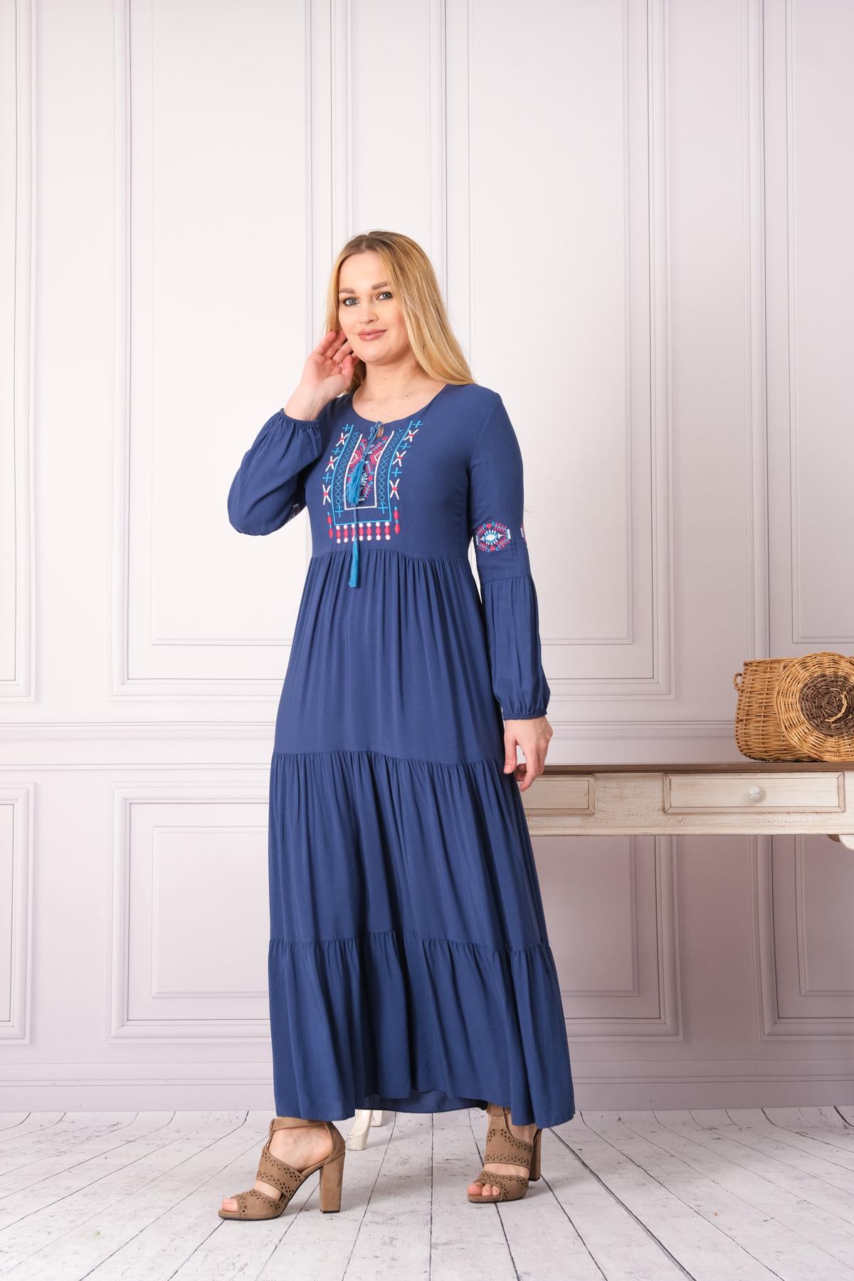 9041 Yaka Nakışlı Kollu Uzun Pamuk Otantik Elbise