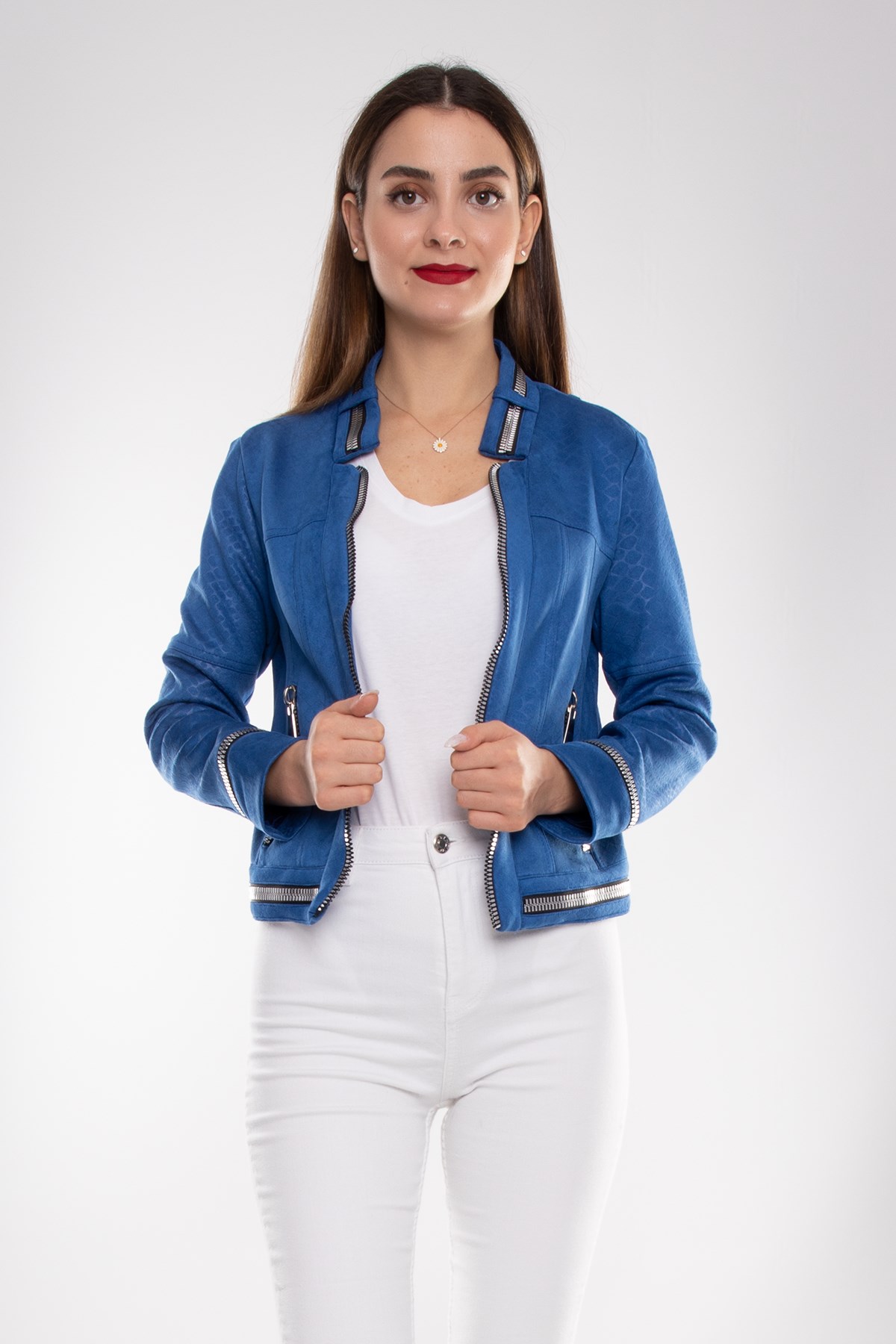 90456 Kendinden Desenli Fermuar Detay Nubuk Ceket