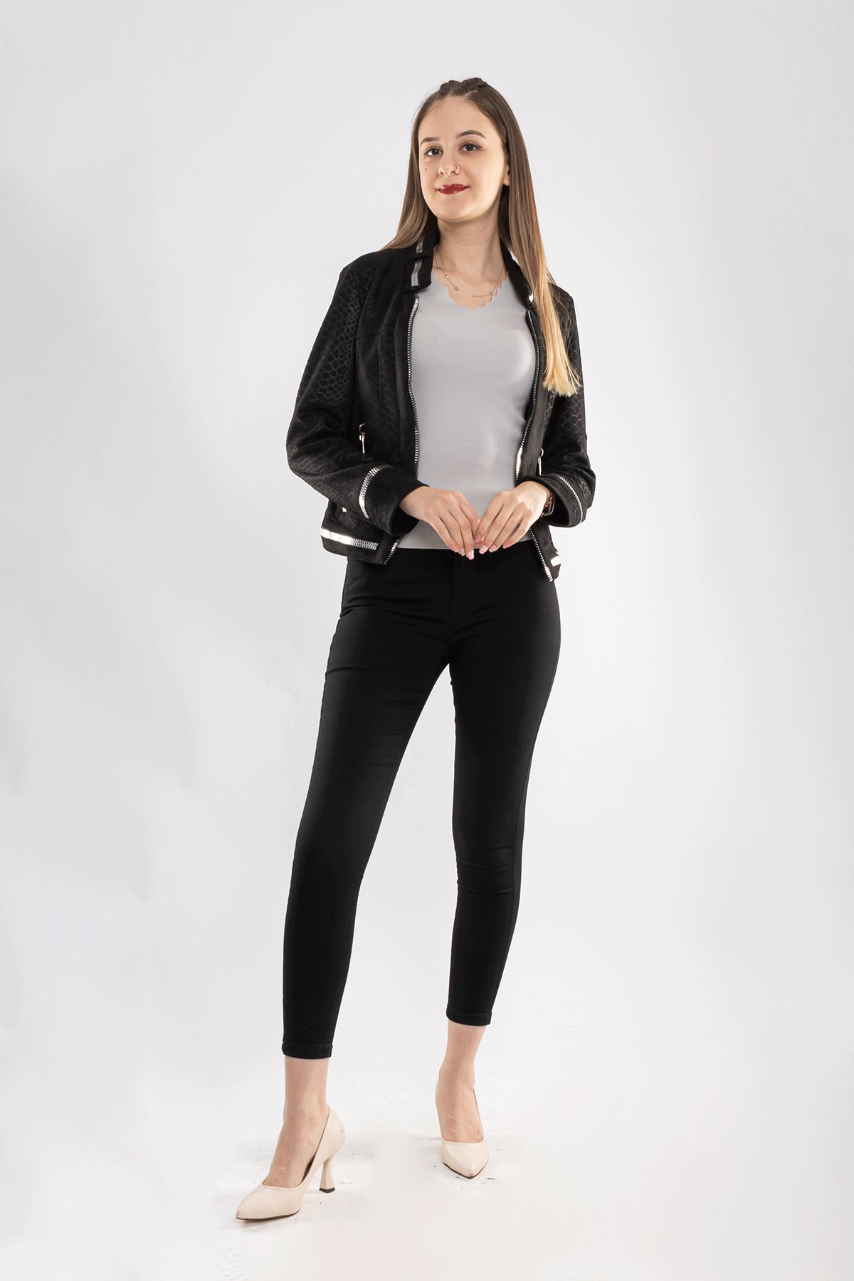 90456 Kendinden Desenli Fermuar Detay Nubuk Ceket