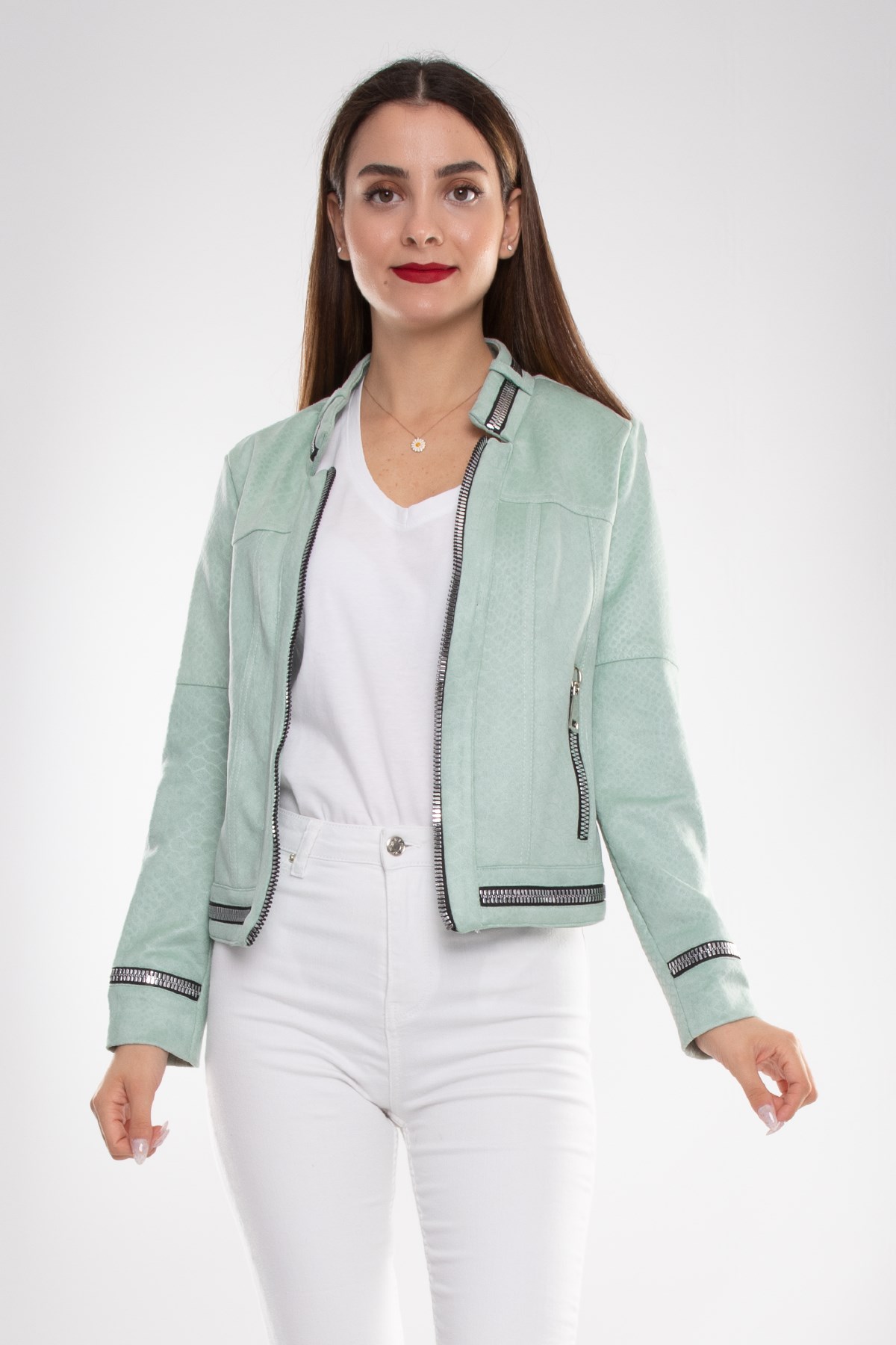 90456 Kendinden Desenli Fermuar Detay Nubuk Ceket