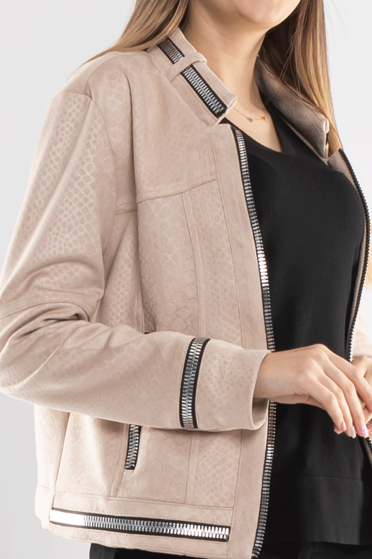 90456 Kendinden Desenli Fermuar Detay Nubuk Ceket