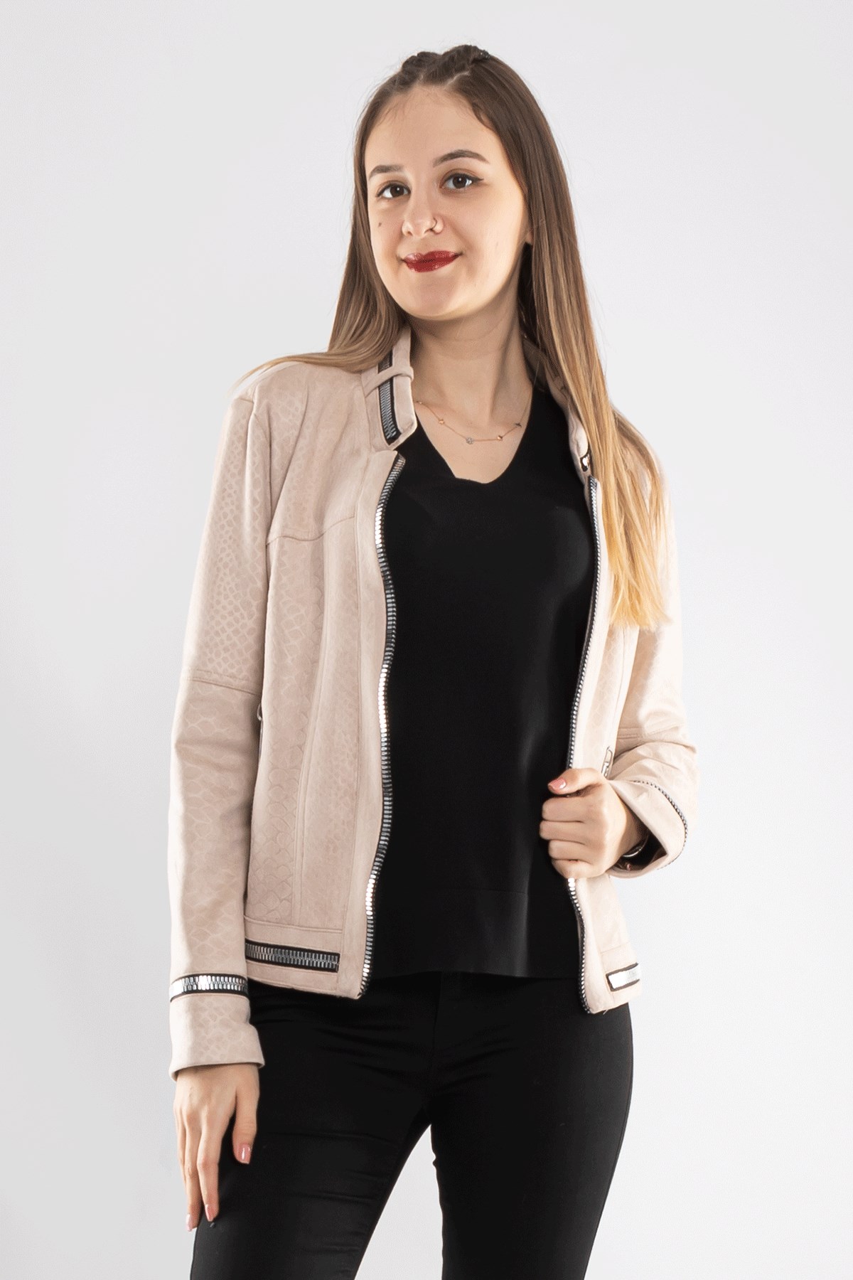 90456 Kendinden Desenli Fermuar Detay Nubuk Ceket