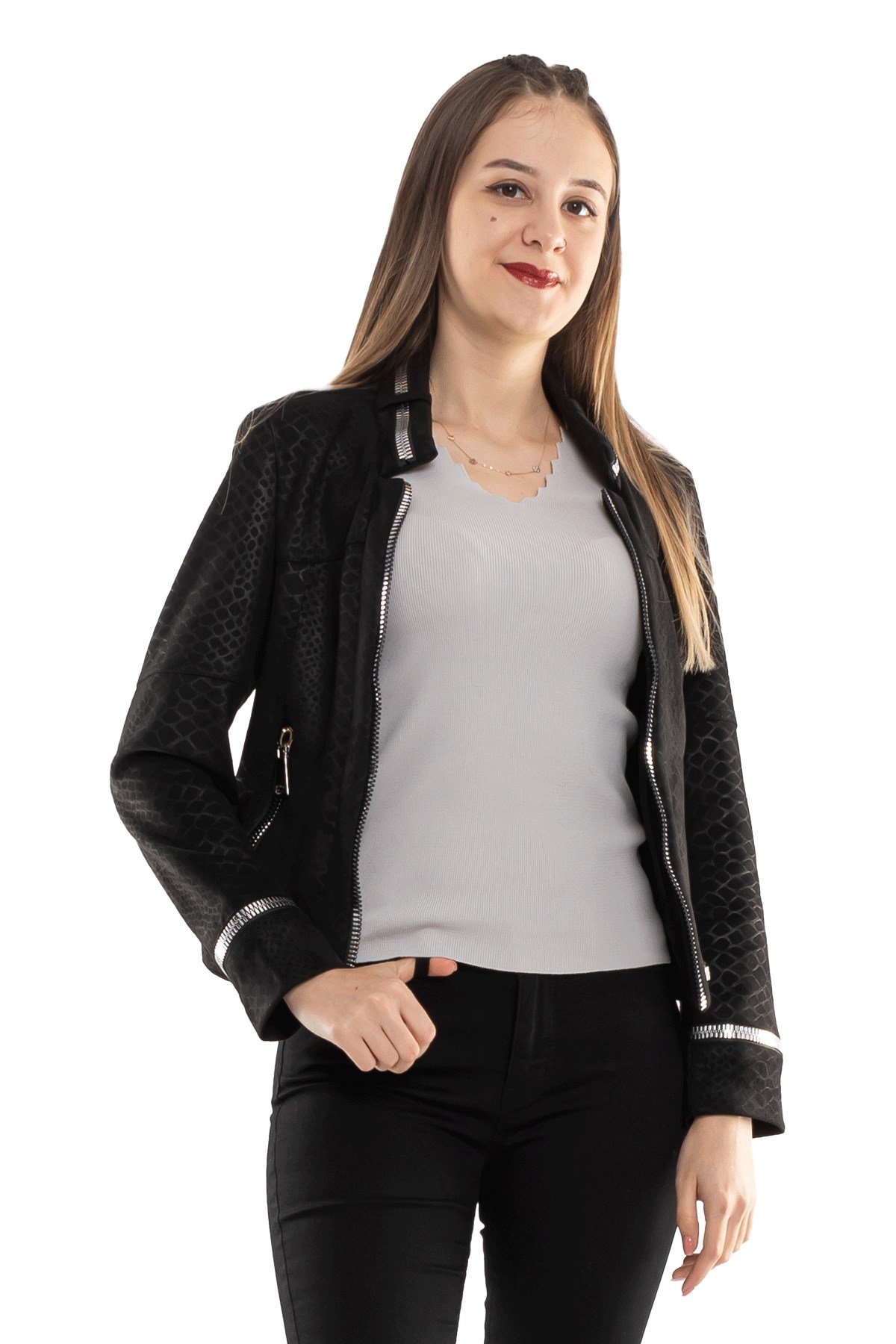 90456 Kendinden Desenli Fermuar Detay Nubuk Ceket