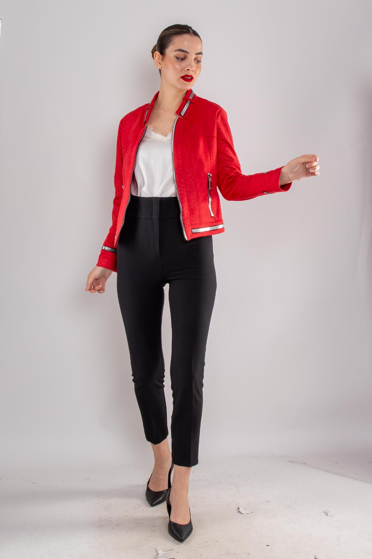 90456 Kendinden Desenli Fermuar Detay Nubuk Ceket