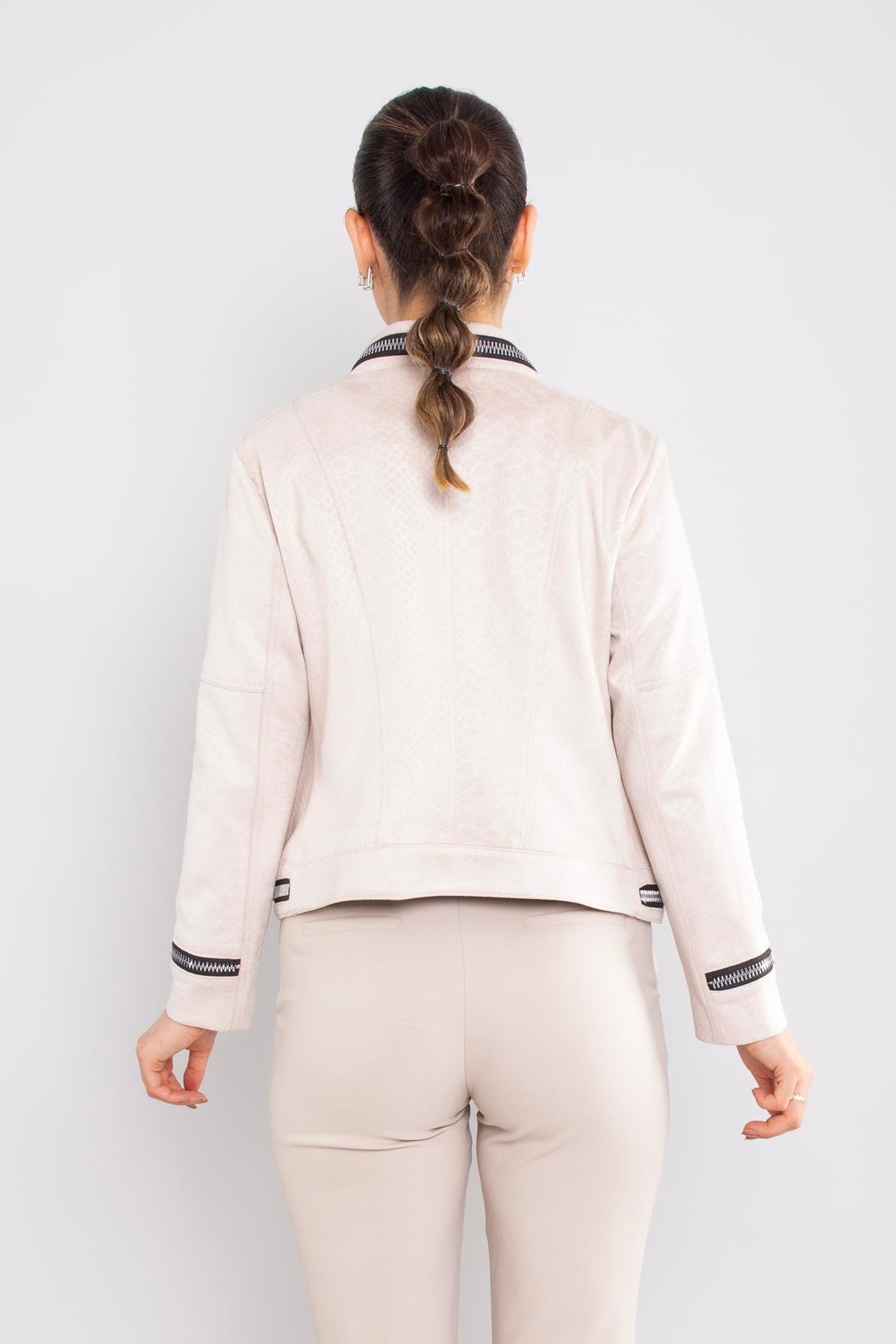 90456 Kendinden Desenli Fermuar Detay Nubuk Ceket