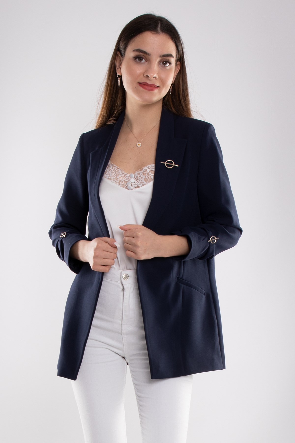 90503 Broşlu Büzgülü Kol Astarlarlı Blazer Ceket