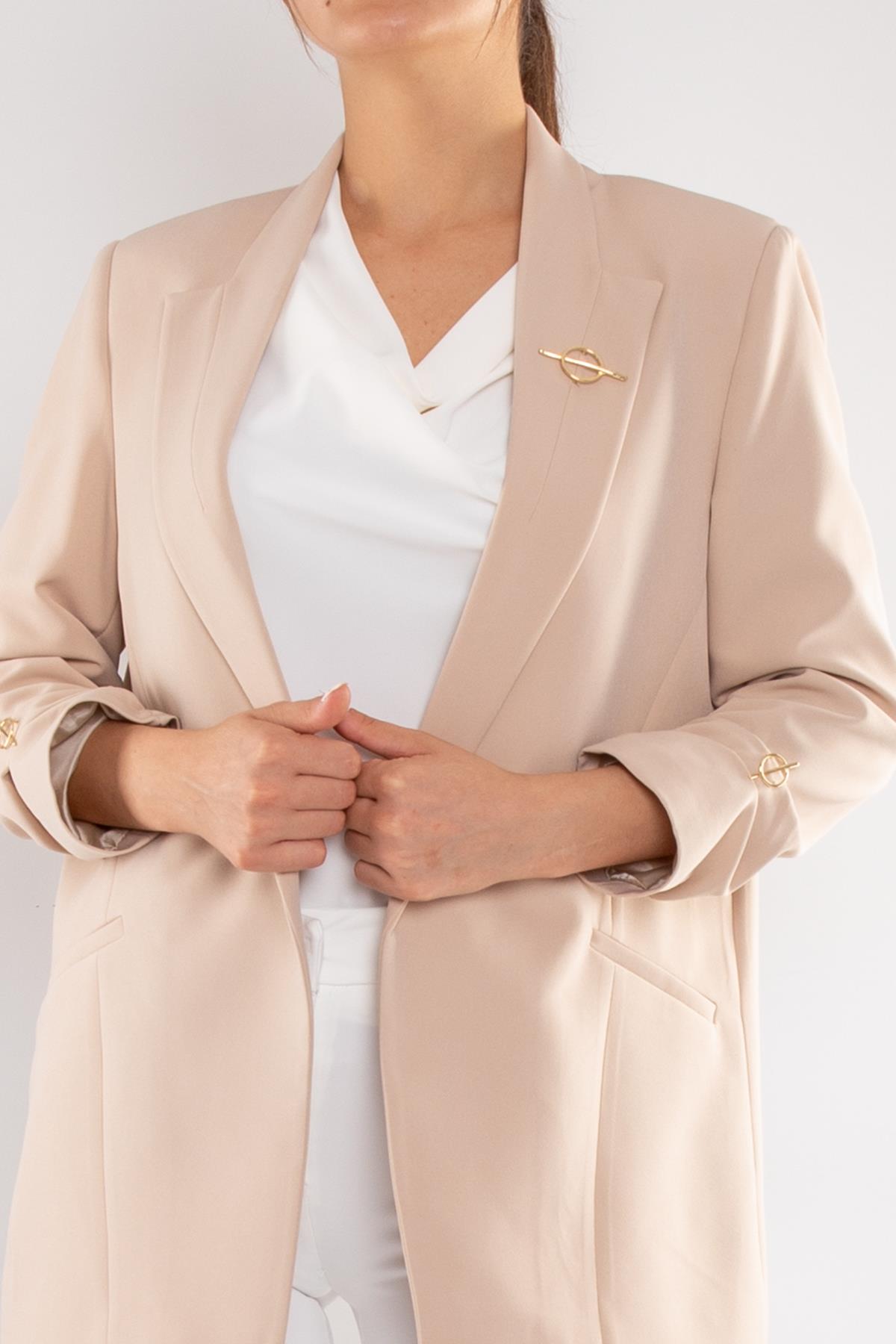 90503 Broşlu Büzgülü Kol Astarlarlı Blazer Ceket