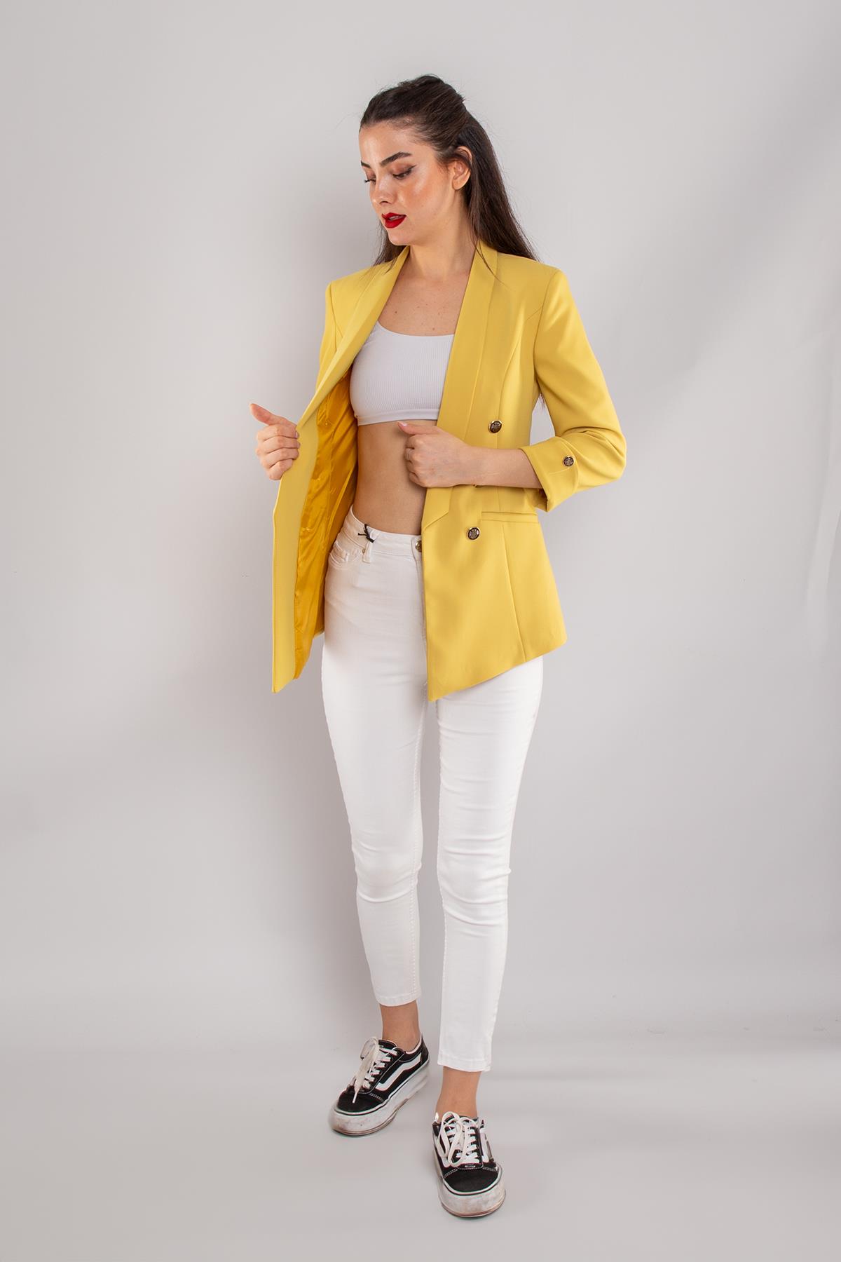 90599 6 Gold Düğme Detay Blazer Kadın Ceket