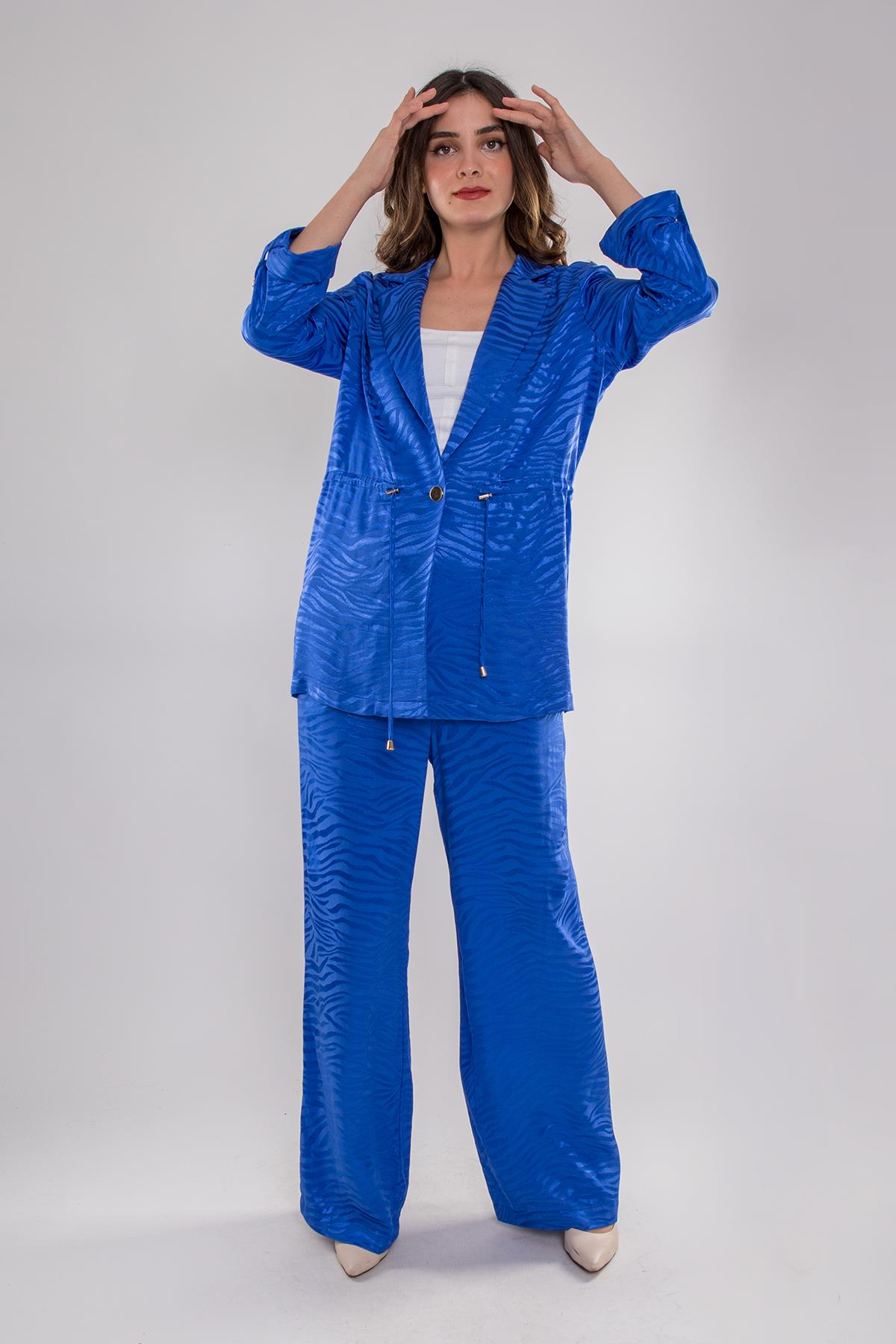 90642-70560 Kaplan Desen Jakarlı Beli Bağcıklı Ceket Pantolon Kombin Viscon Takım