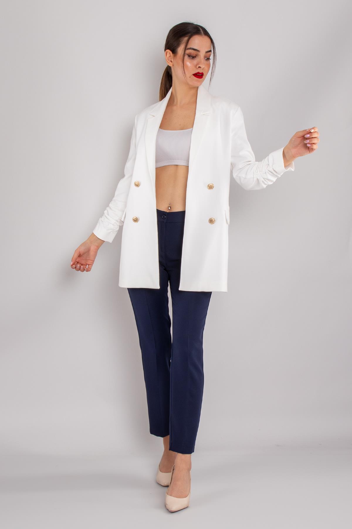 90648 Kol Büzgülü Düğme Detay Pamuk Uzun Kadın Ceket