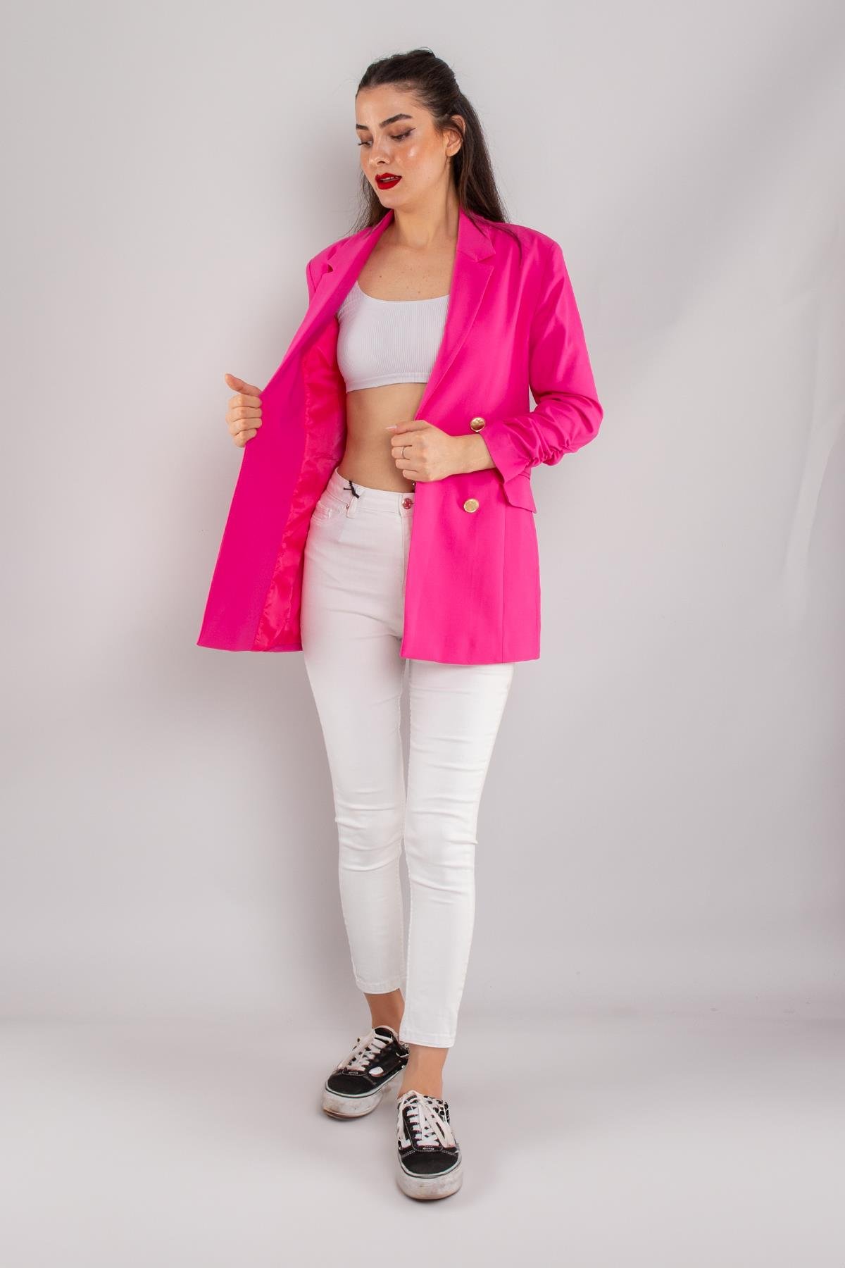 90648 Kol Büzgülü Düğme Detay Pamuk Uzun Kadın Ceket