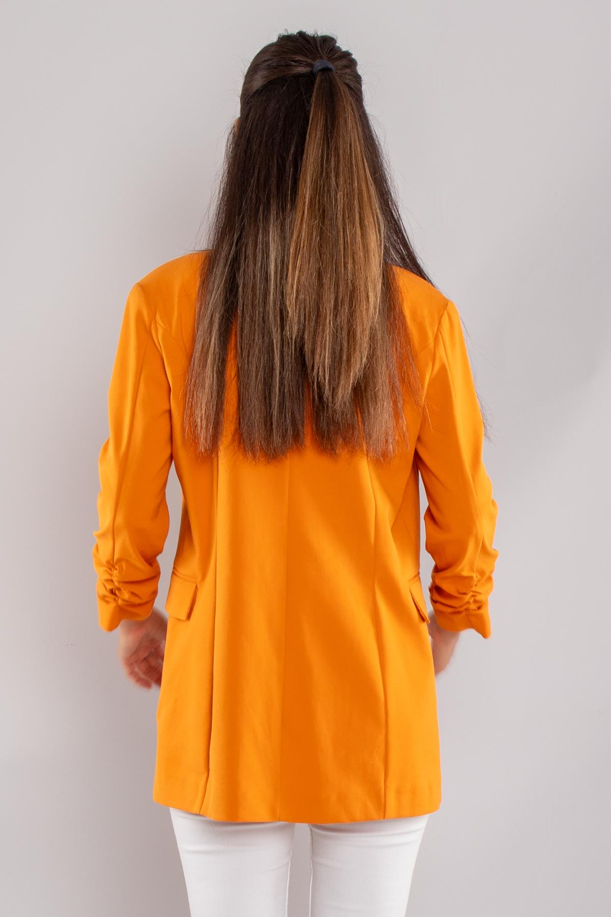 90648 Kol Büzgülü Düğme Detay Pamuk Uzun Kadın Ceket