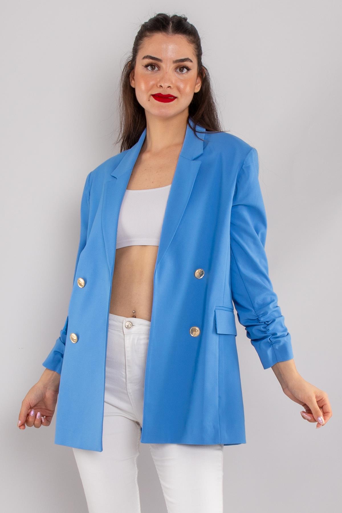 90648 Kol Büzgülü Düğme Detay Pamuk Uzun Kadın Ceket