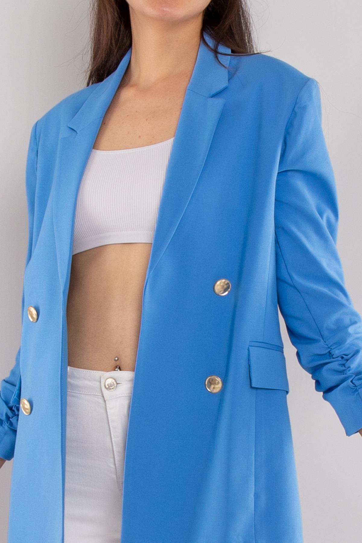 90648 Kol Büzgülü Düğme Detay Pamuk Uzun Kadın Ceket