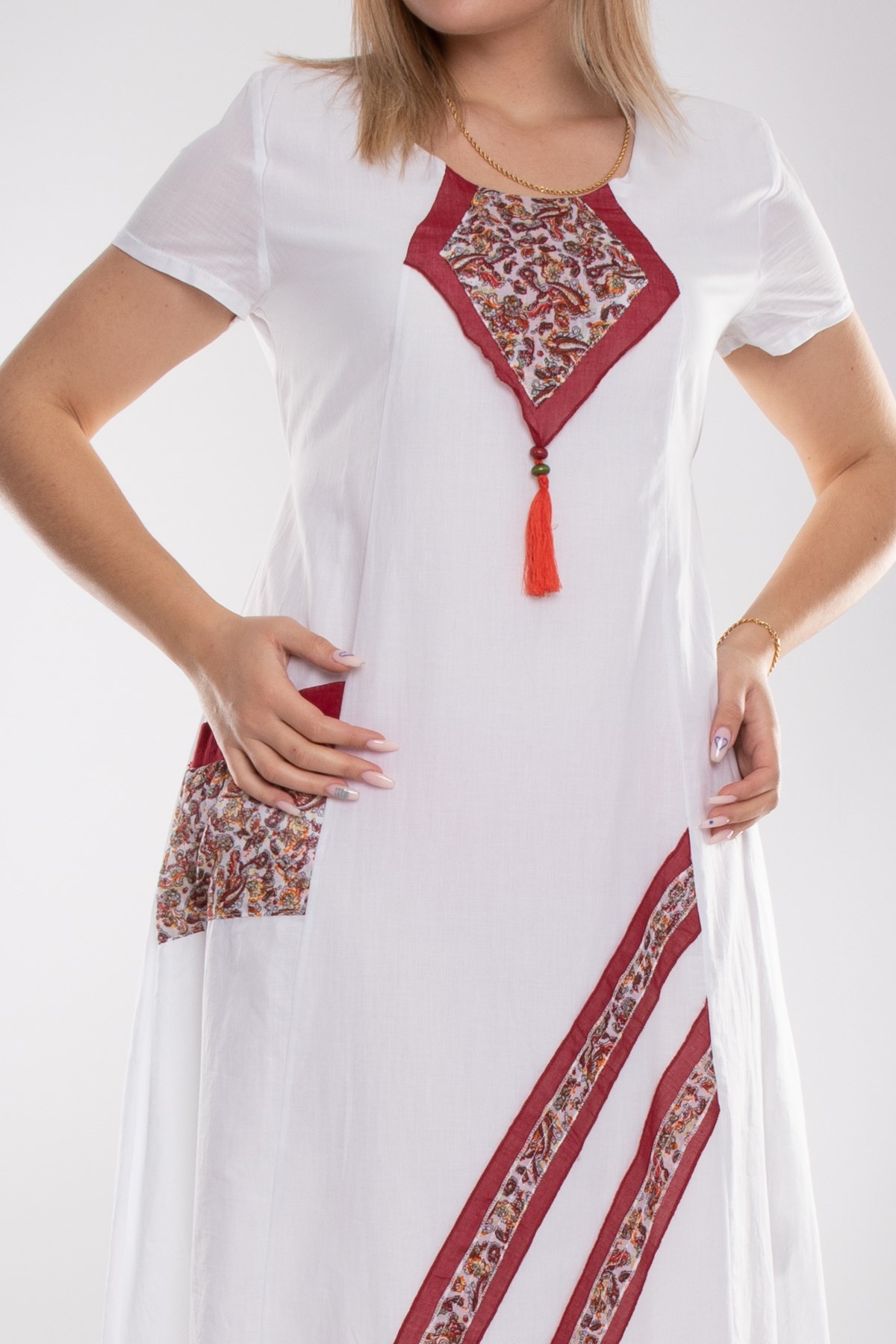 9068 Etnik Desen Kısa Kol Beli İpli Pamuk Otantik Elbise