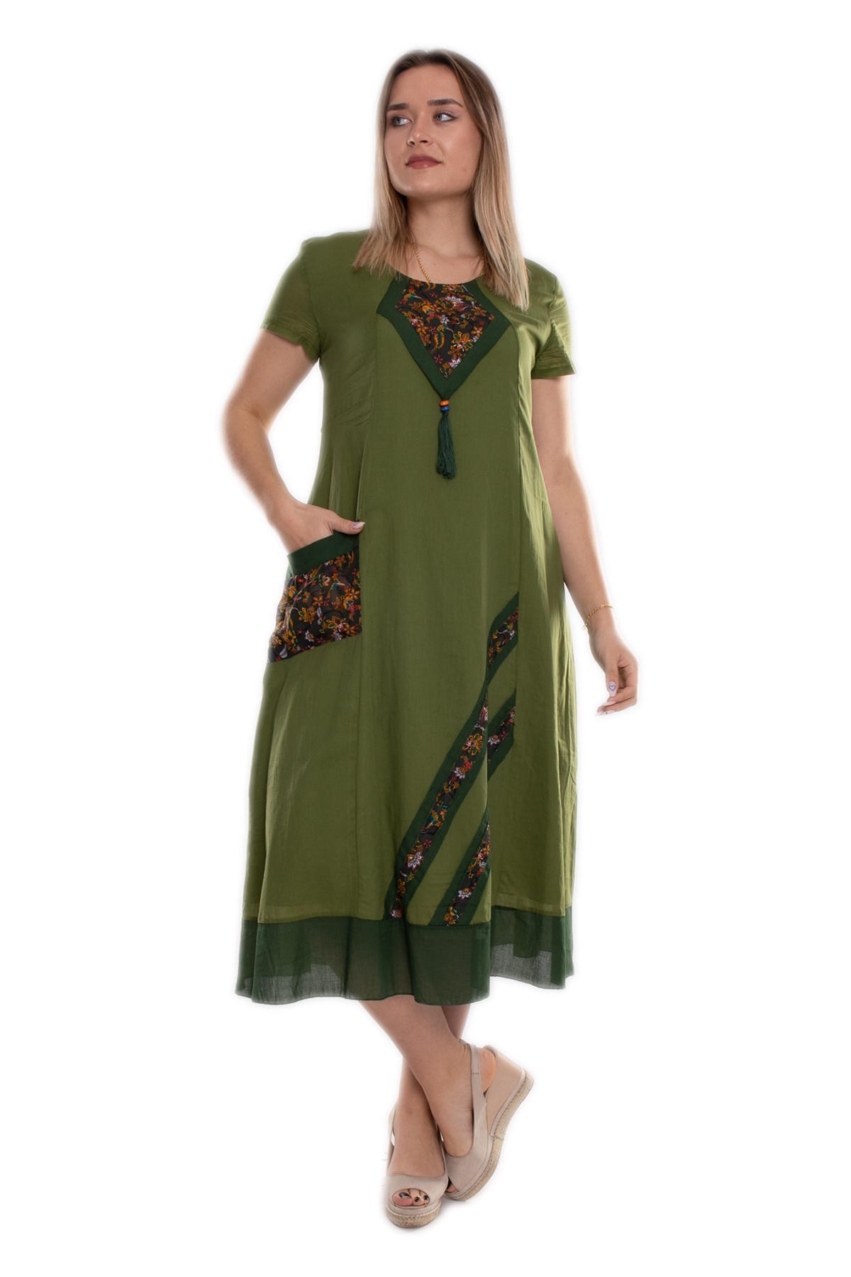 9068 Etnik Desen Kısa Kol Beli İpli Pamuk Otantik Elbise