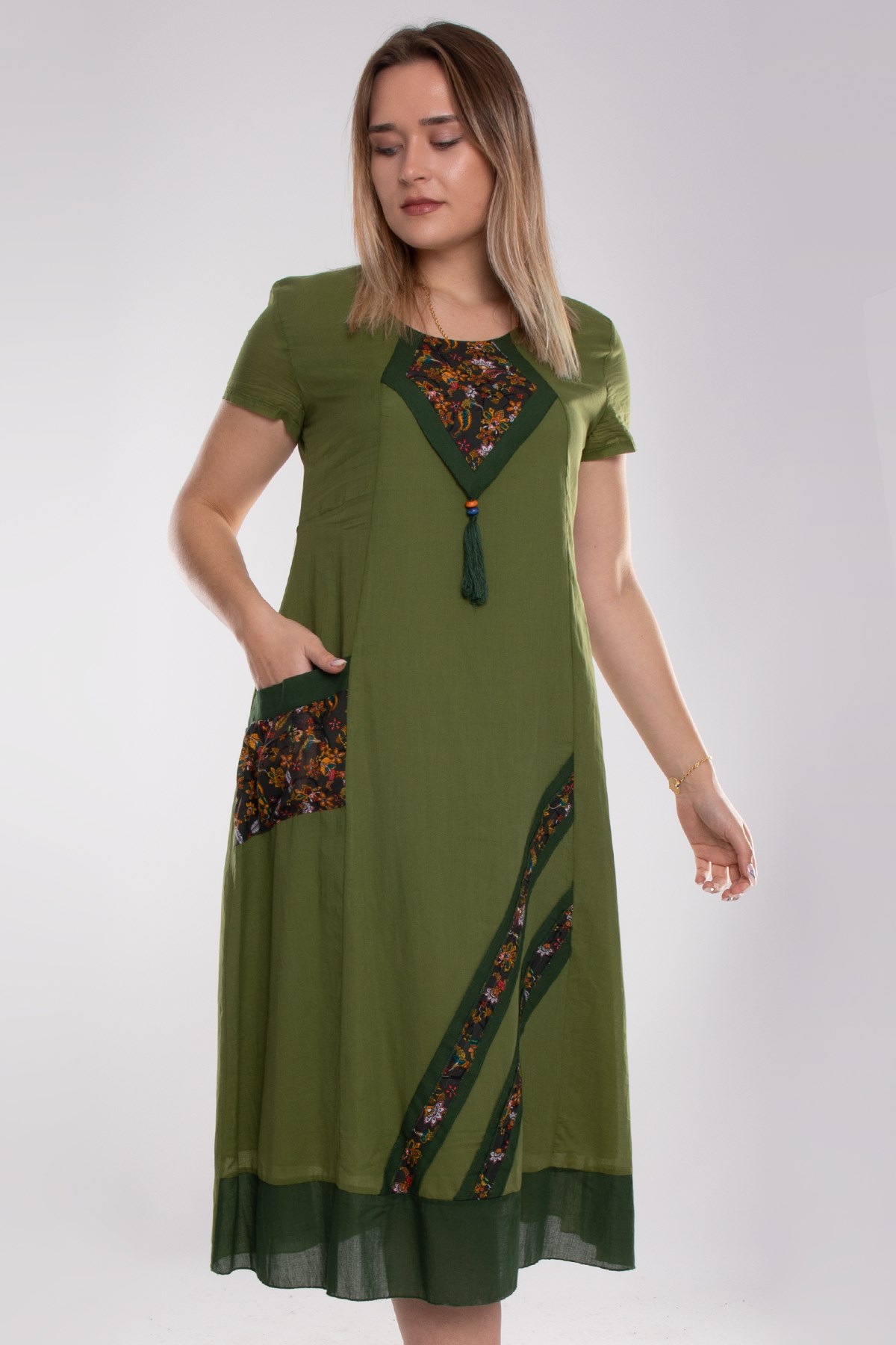 9068 Etnik Desen Kısa Kol Beli İpli Pamuk Otantik Elbise