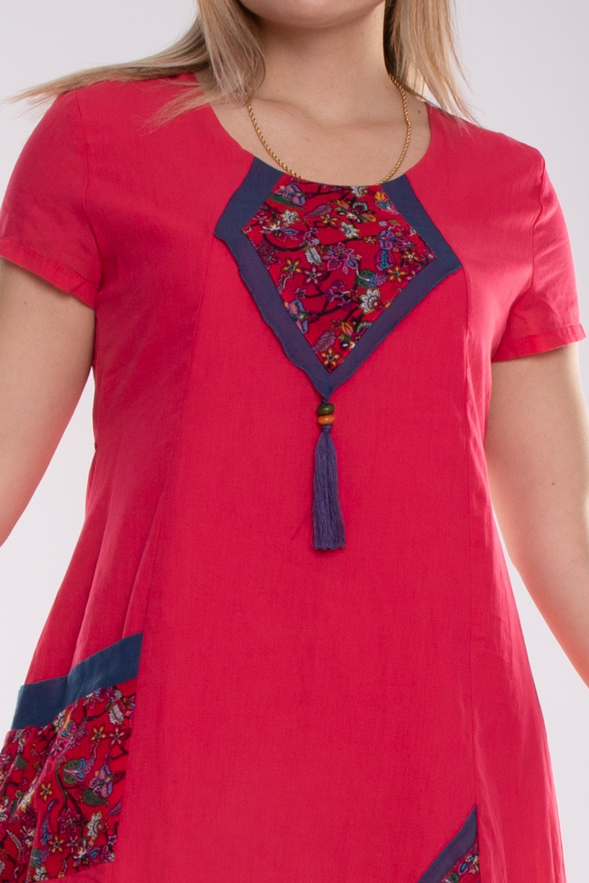 9068 Etnik Desen Kısa Kol Beli İpli Pamuk Otantik Elbise