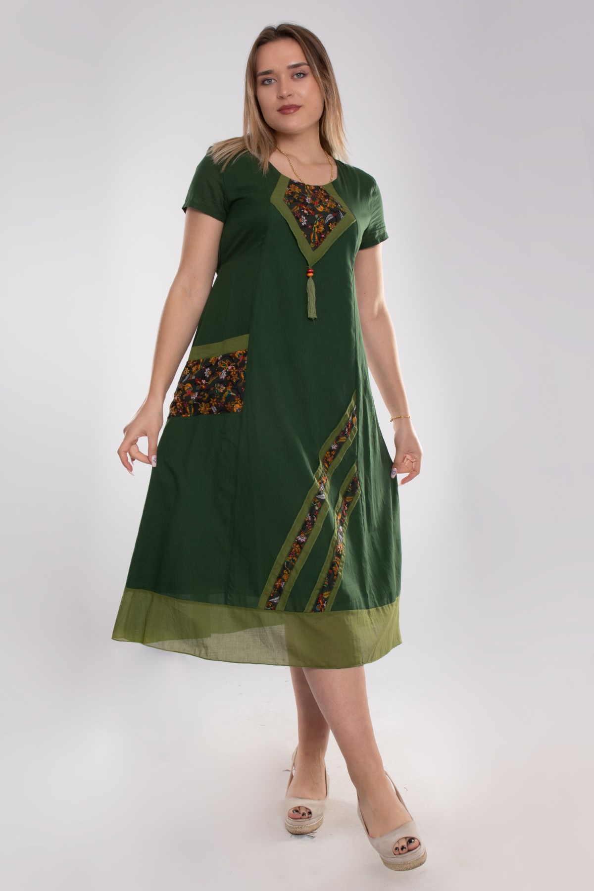 9068 Etnik Desen Kısa Kol Beli İpli Pamuk Otantik Elbise