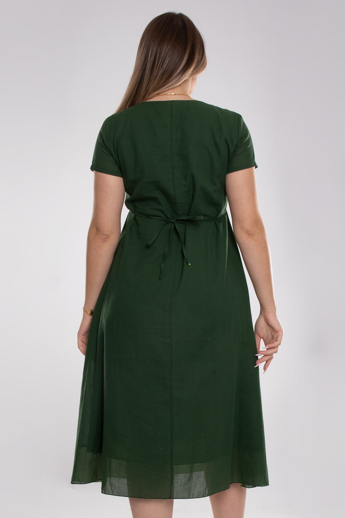 9068 Etnik Desen Kısa Kol Beli İpli Pamuk Otantik Elbise