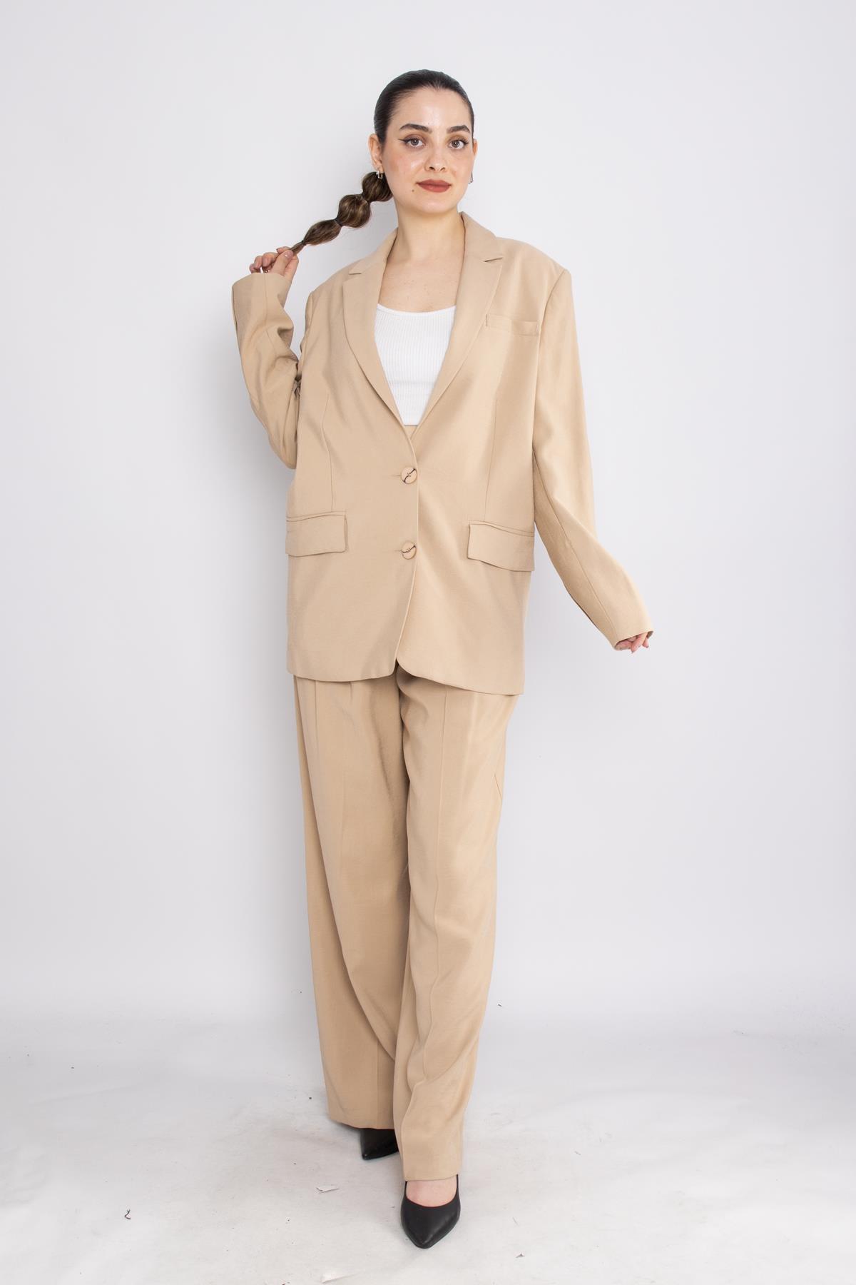 90729-70674 Cep Kapaklı Astarlı Ceket Palazzo Pantolon Takım