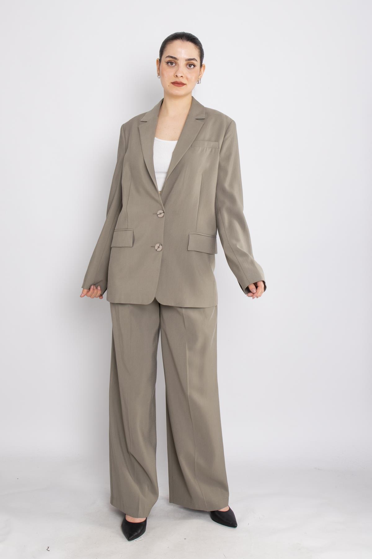 90729-70674 Cep Kapaklı Astarlı Ceket Palazzo Pantolon Takım