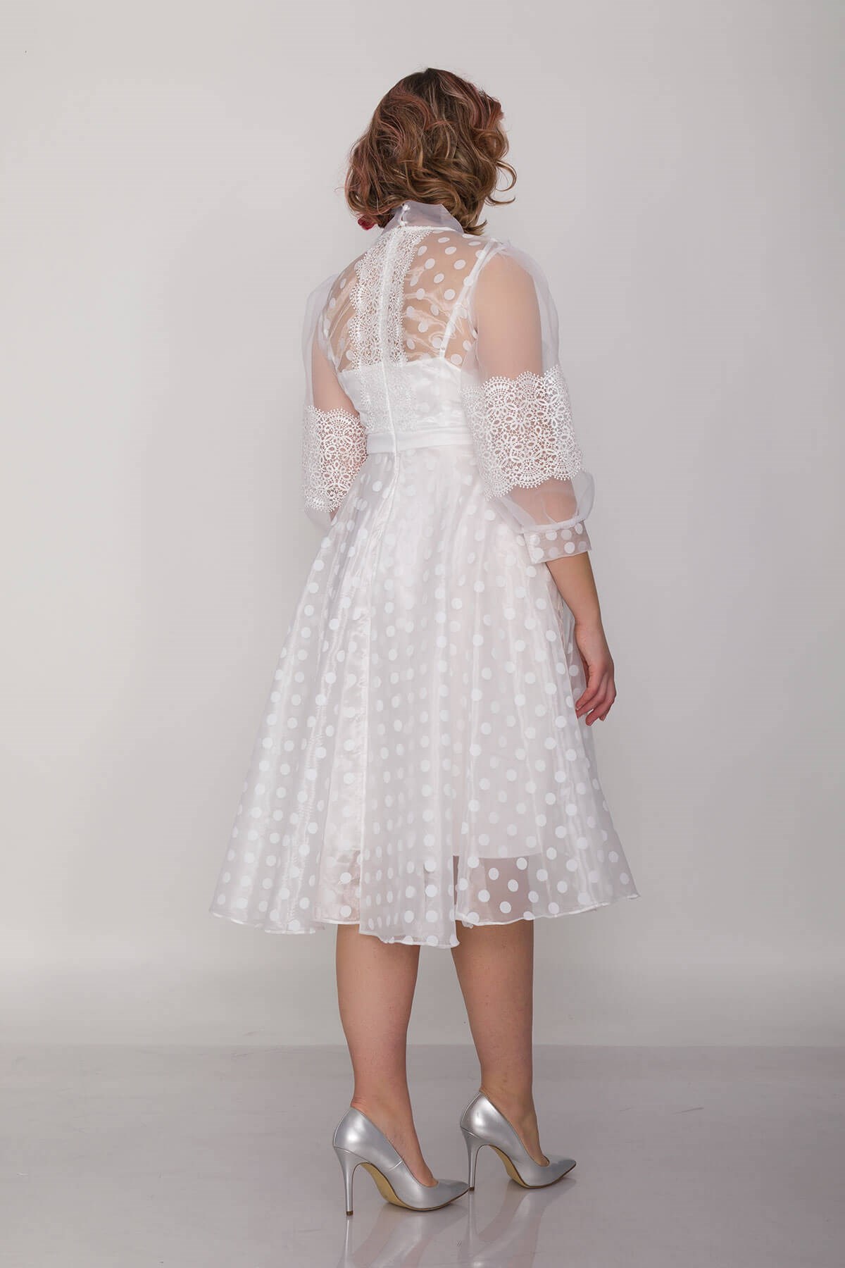 910097  BB Astarlı Tül Kol Puanlı Organze Kısa Elbise
