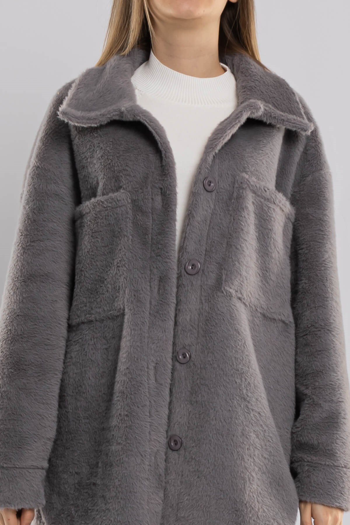 91121 Düğmeli Kısa Kadın Kürk Kaban