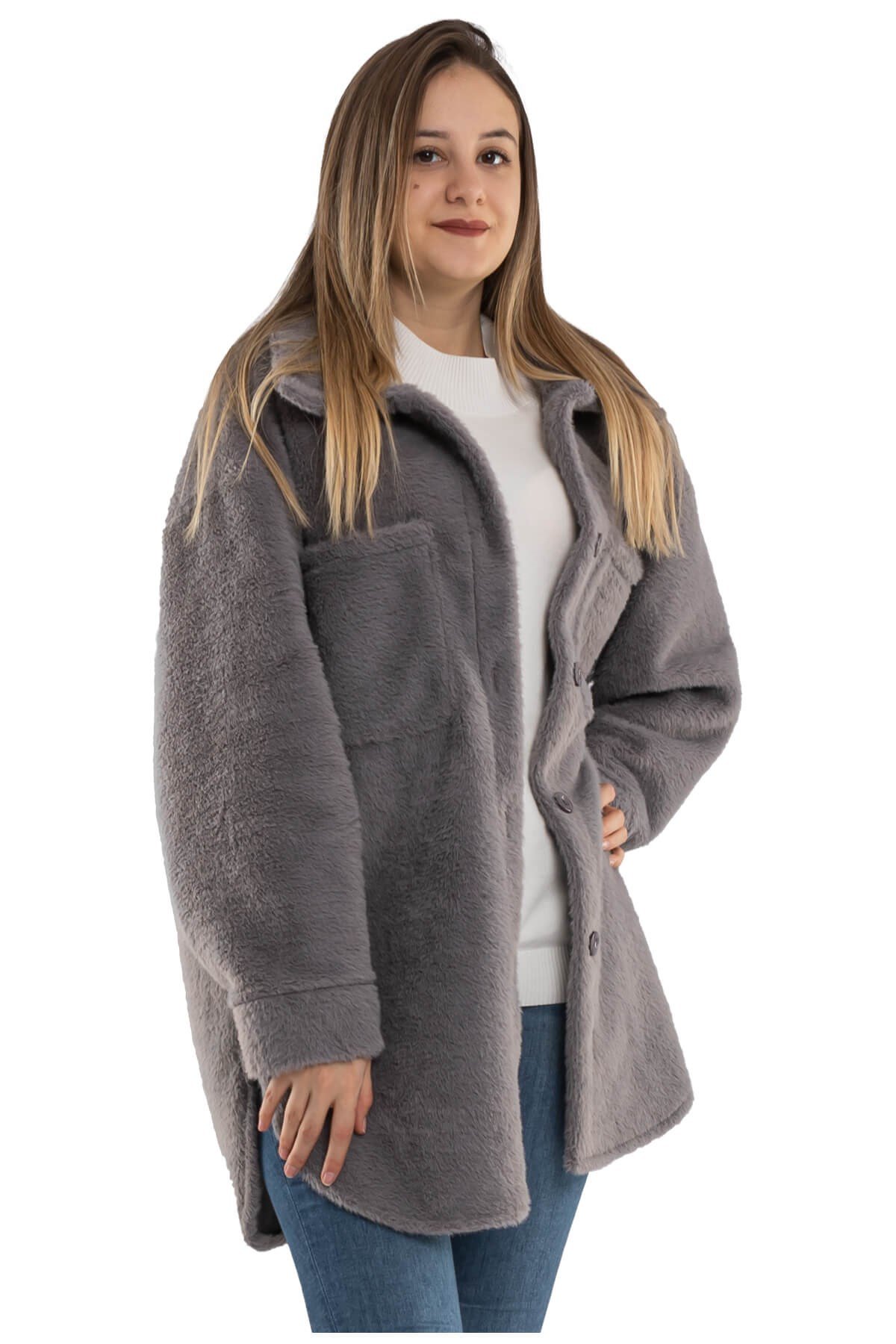 91121 Düğmeli Kısa Kadın Kürk Kaban